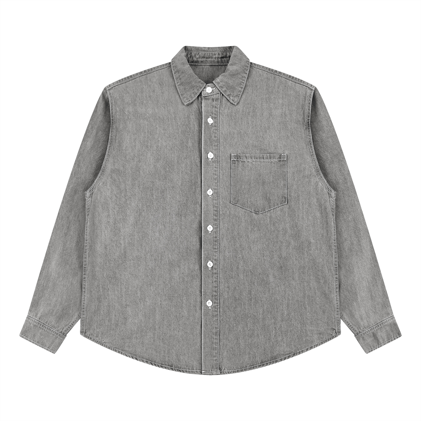 Unisex vintage wash denim shirt by ODMPOD, showing classic collar, button front, and faded blue denim fabric.