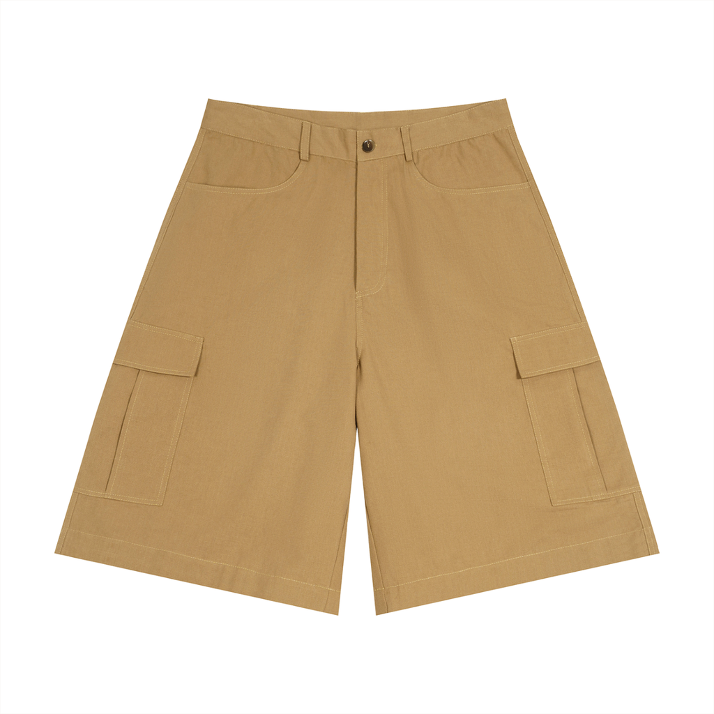 ODMPOD cotton cargo shorts showing front view with multiple pockets and relaxed fit, perfect for casual summer wear.