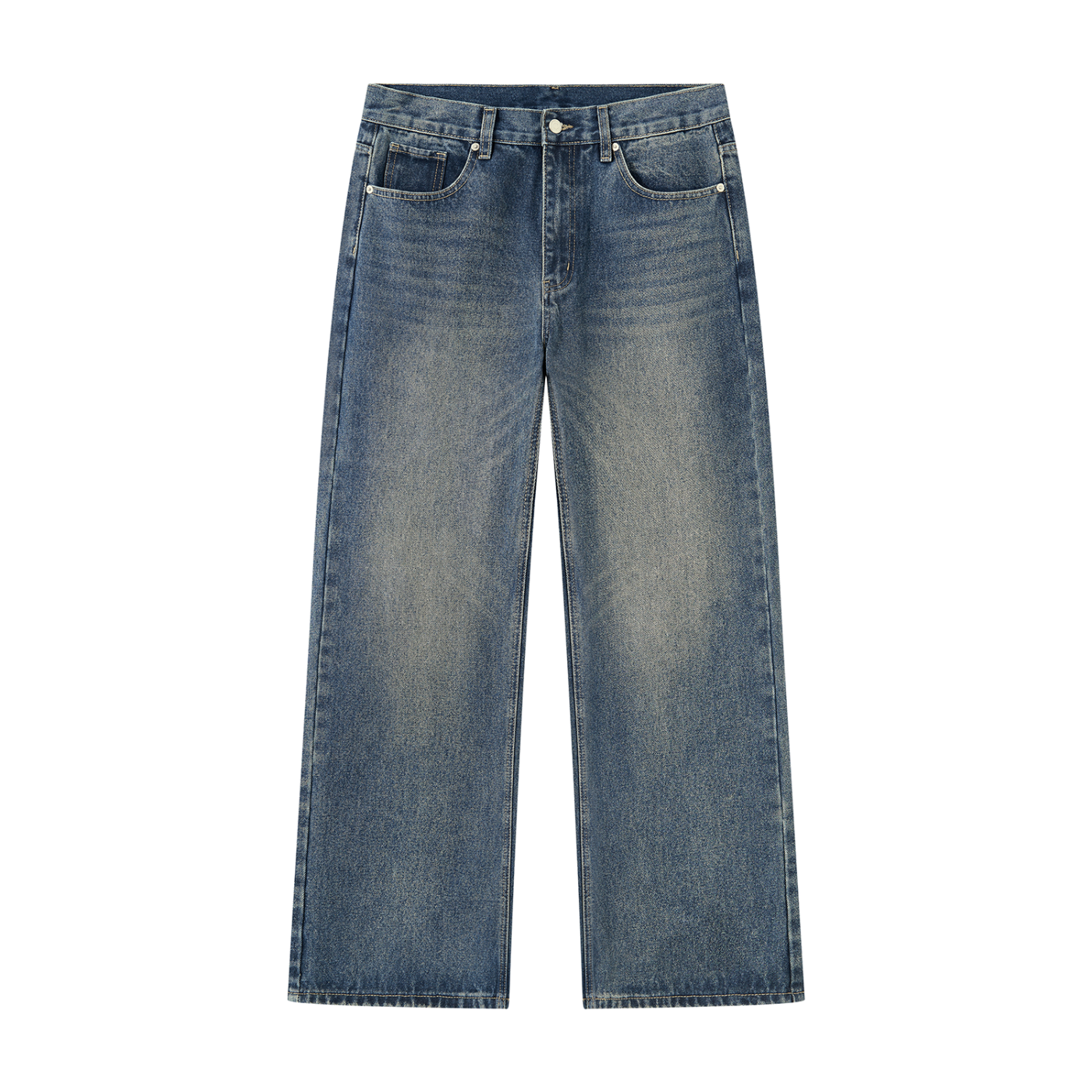 ODMPOD thigh fade straight jeans showing a close-up of the distressed denim fabric with fading details and classic straight fit.