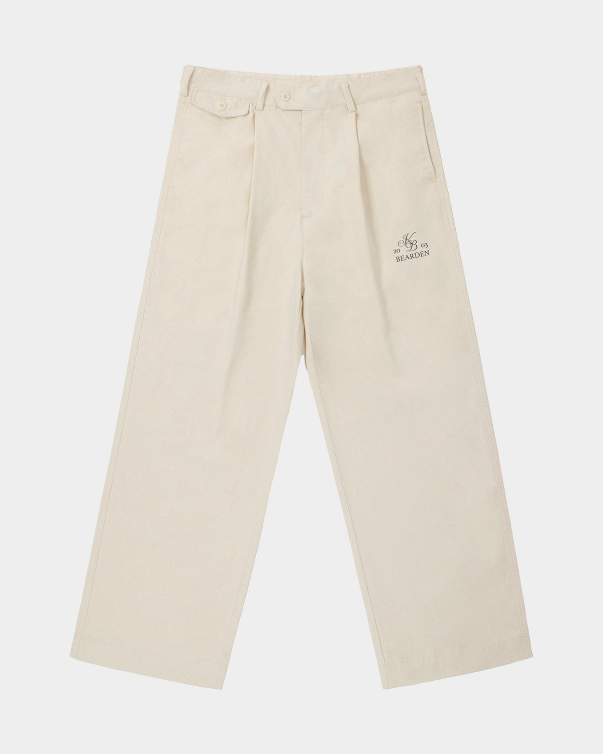 ODMPOD adjustable waist straight-leg pants displayed with a focus on the waist and full length, in a neutral fabric.