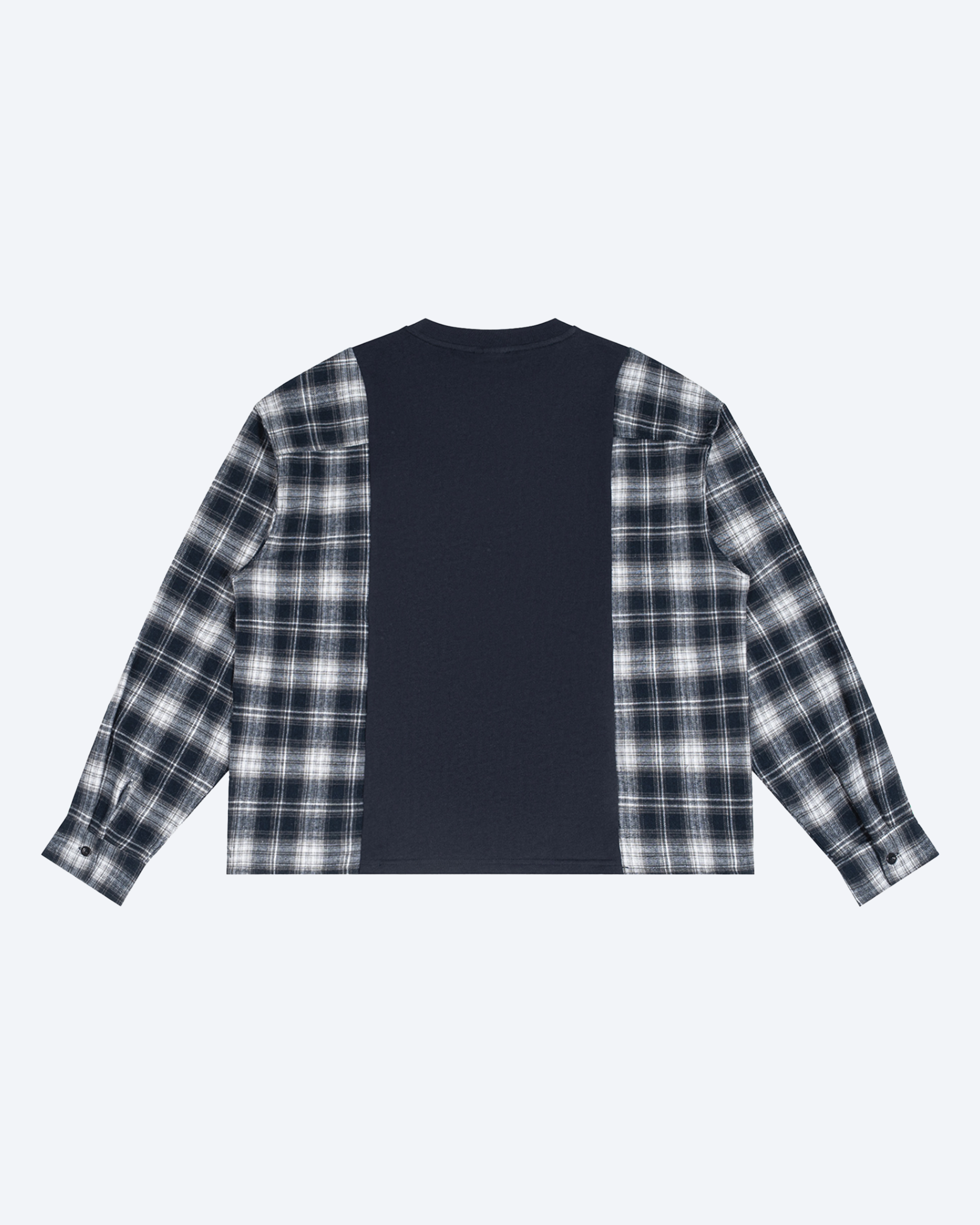 ODMPOD plaid panel long sleeve tee featuring a classic checkered pattern and comfortable fit on a model.