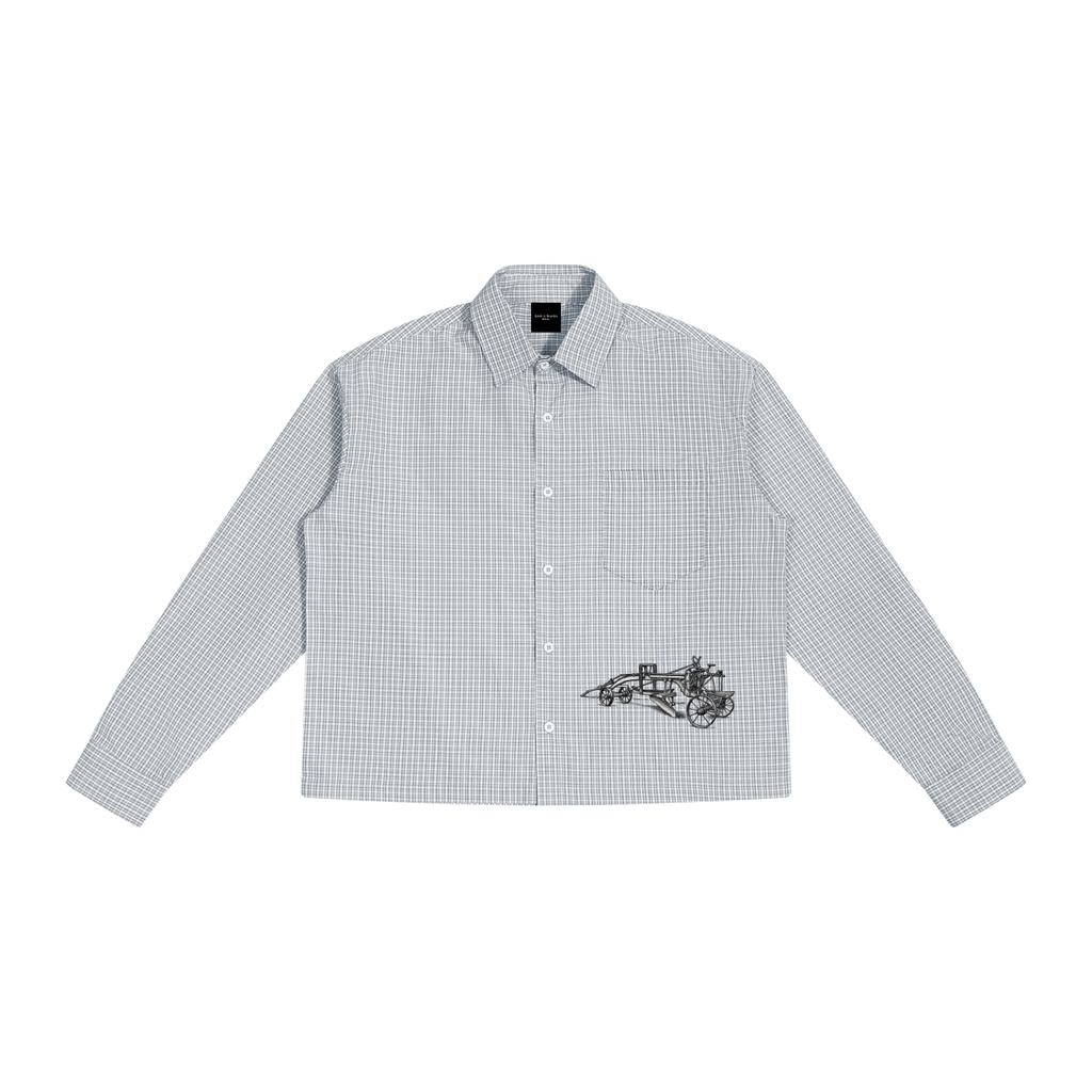 ODMPOD Road Services plaid drop shoulder shirt featuring a relaxed fit and classic plaid pattern on soft fabric.