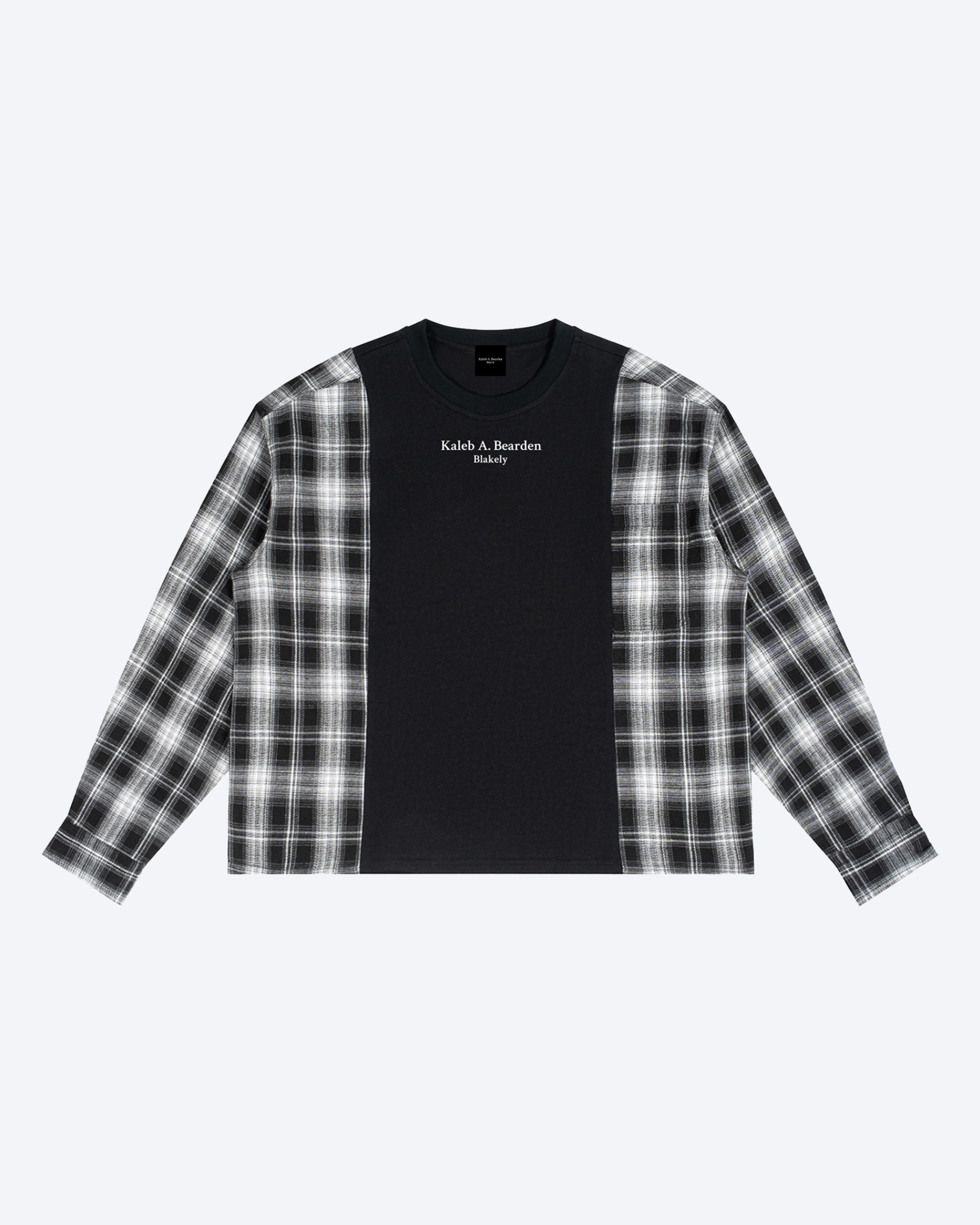 ODMPOD plaid panel long sleeve tee featuring a classic plaid pattern and comfortable fit, shown on a model.