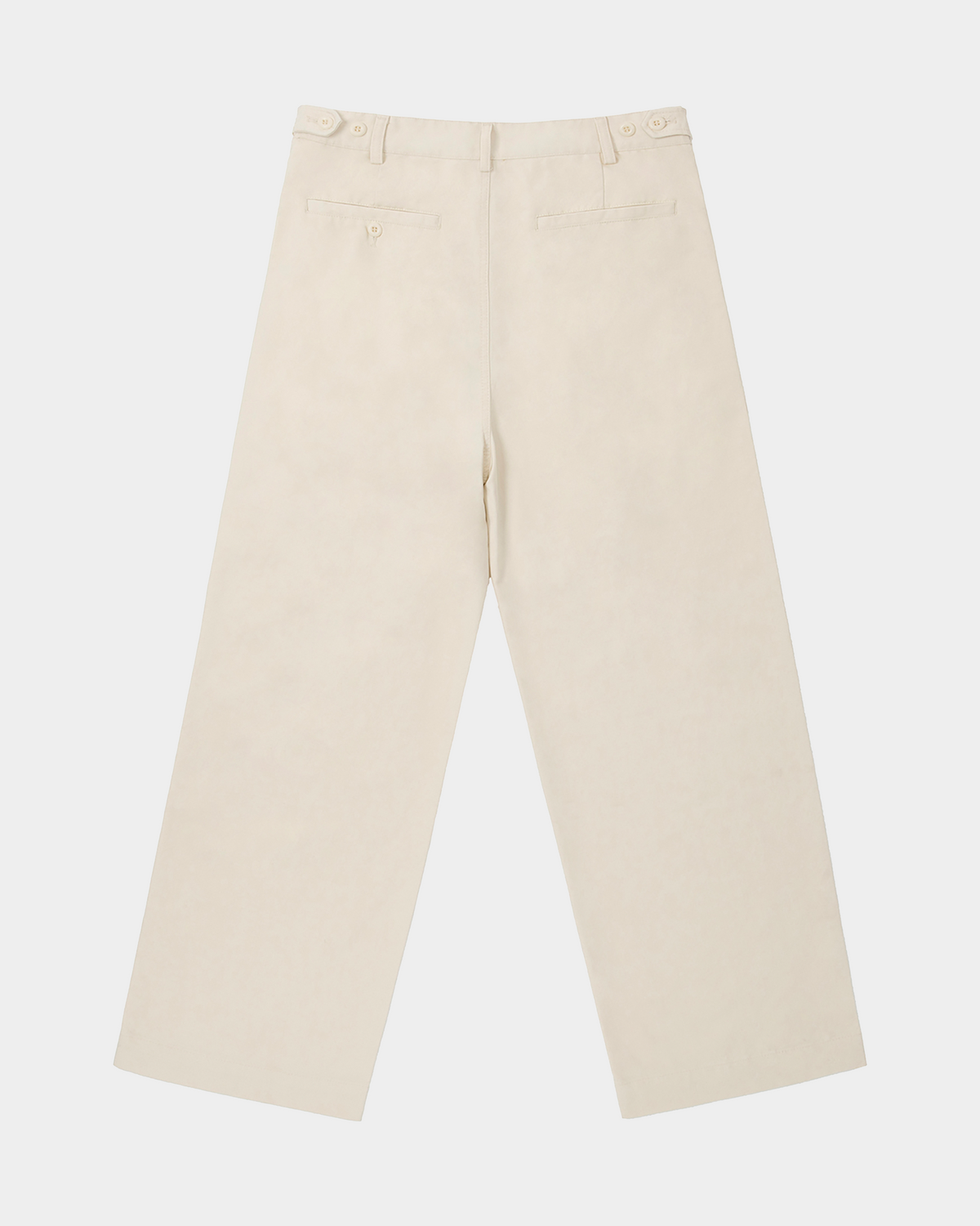 ODMPOD adjustable waist straight-leg pants in neutral fabric, featuring a relaxed fit and classic design.