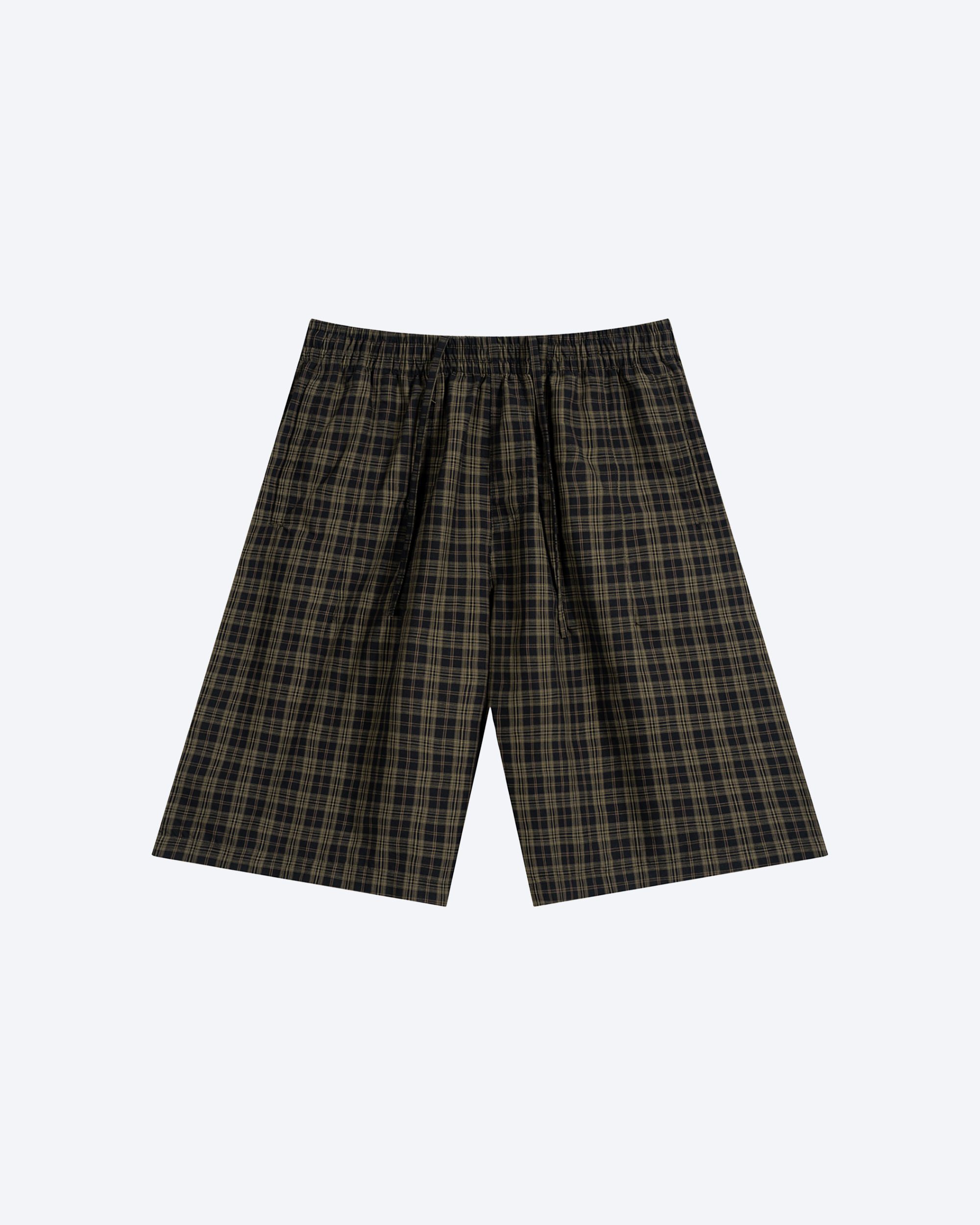 Olive plaid wide-leg shorts from ODMPOD featuring a relaxed fit and casual style, shown in a close-up of the fabric and design details.
