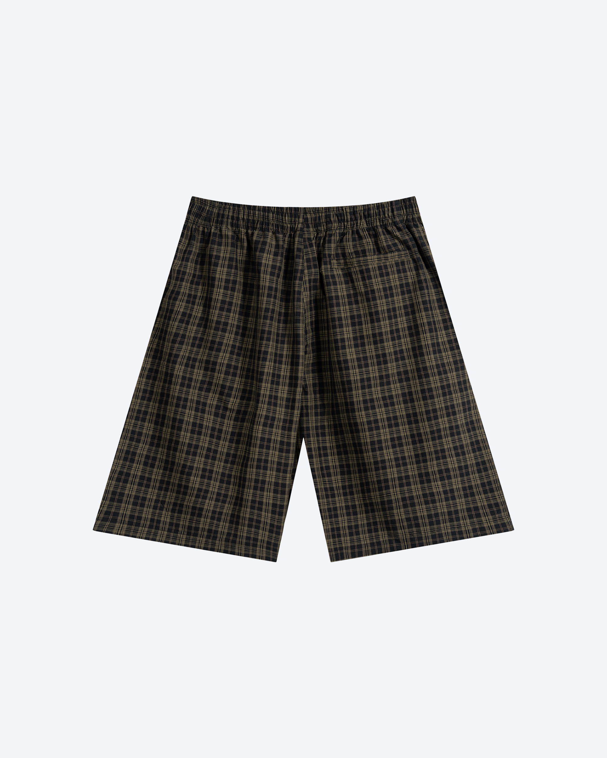 Olive plaid wide-leg shorts from ODMPOD with a relaxed fit and casual style, featuring a high waist and wide leg silhouette.
