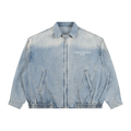 ODMPOD KAB Washed Blouson in light denim fabric, featuring a relaxed fit and button-front design, displayed on a hanger.