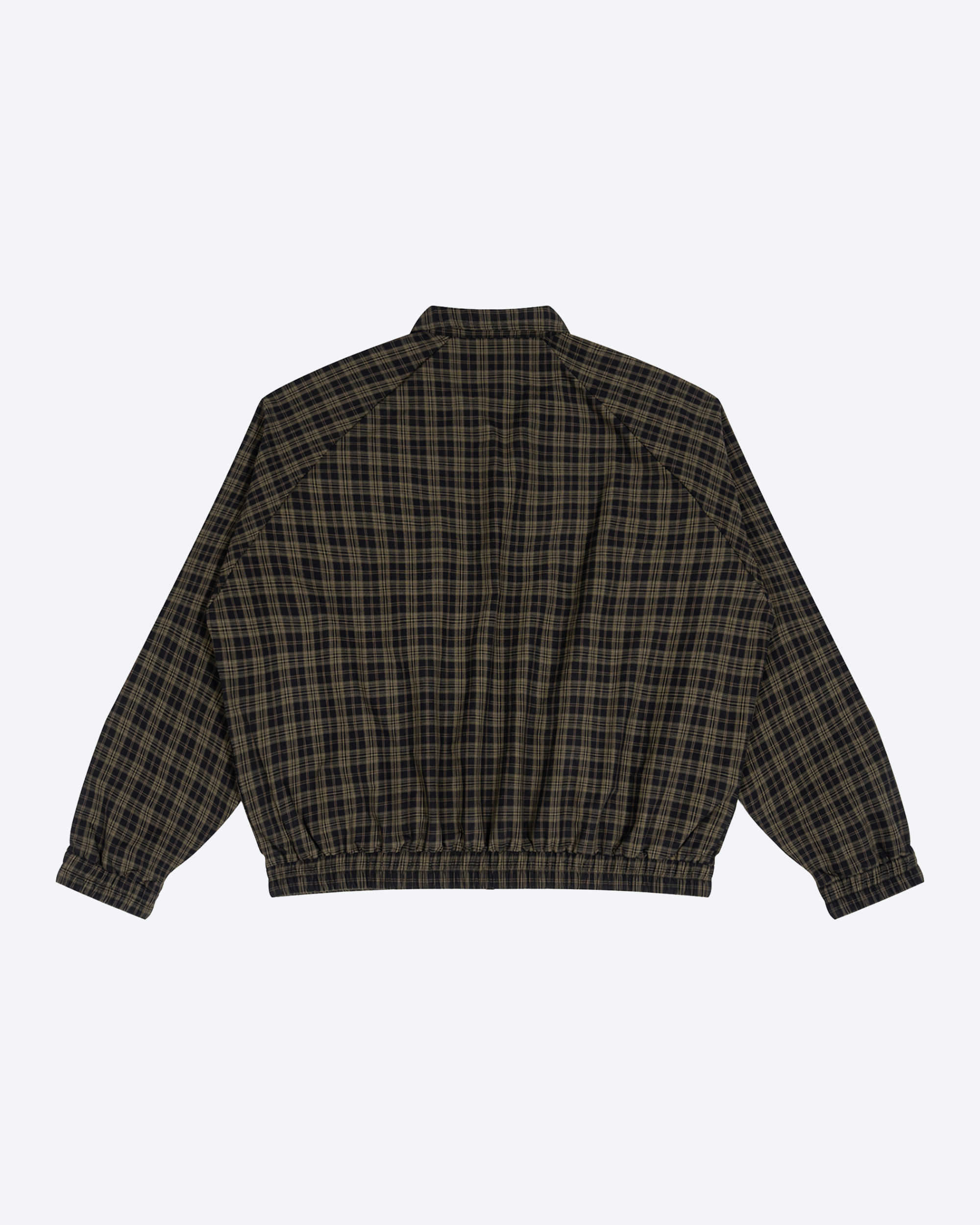 ODMPOD olive plaid full-zip track jacket with front pockets and ribbed cuffs, made for casual athletic style.