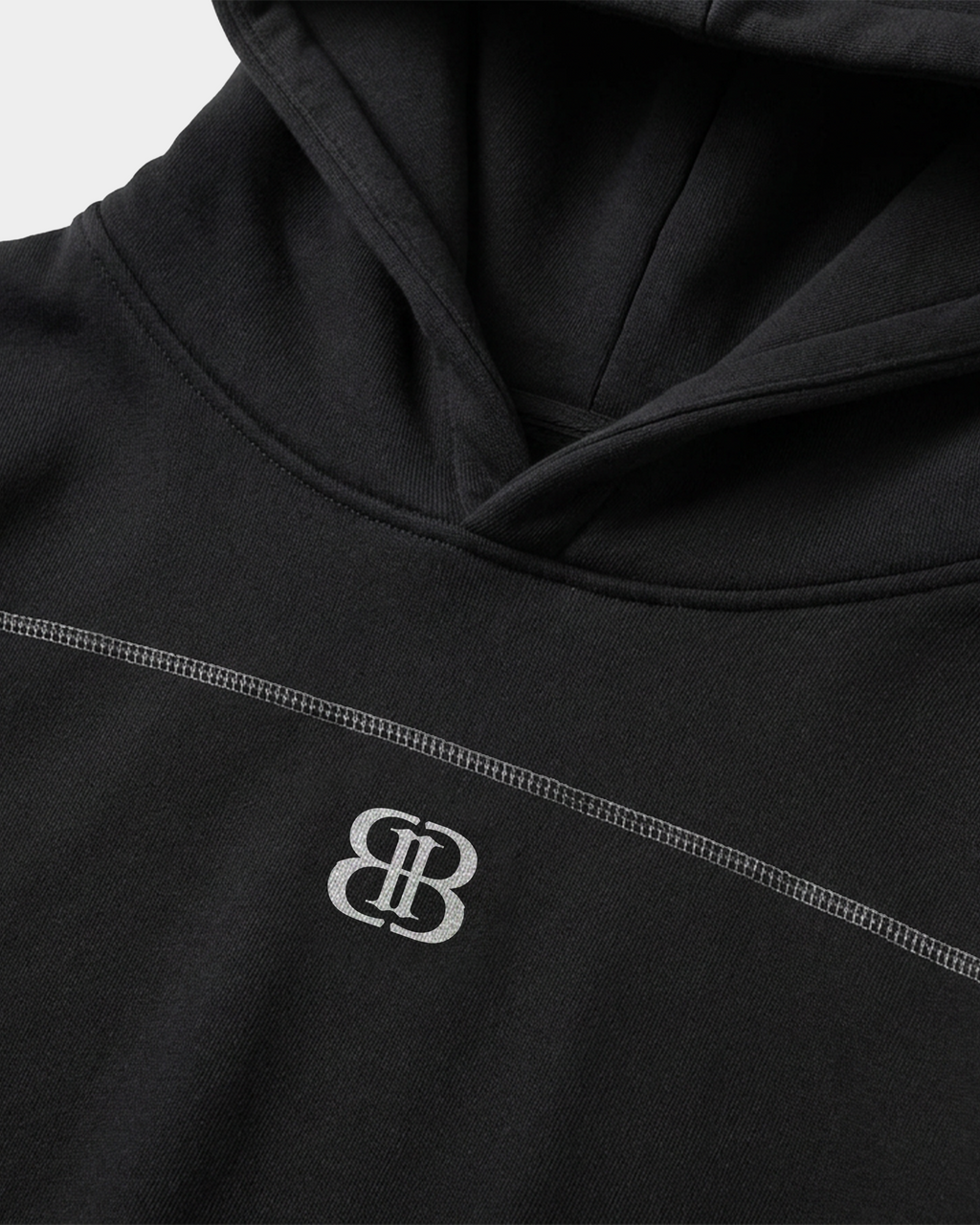 ODMPOD BB Monogram Contrast Hoodie featuring bold logo design, black and white color scheme, and comfortable casual fit.