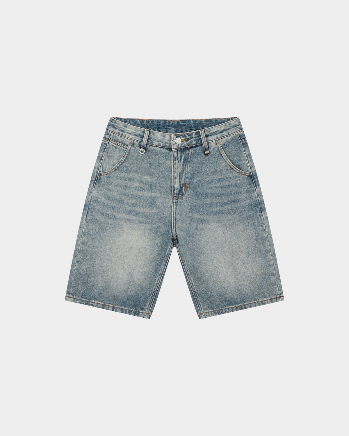 Faded blue denim shorts by ODMPOD with a relaxed fit, featuring frayed hems and classic five-pocket styling.