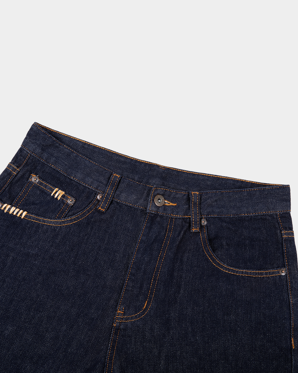 Kaleb A. Bearden heavyweight straight-leg jeans displayed hanging, showcasing durable denim and classic fit.