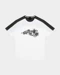 ODMPOD Road Services Raglan Tee featuring a graphic print on the front and contrasting sleeves, casual men's t-shirt.