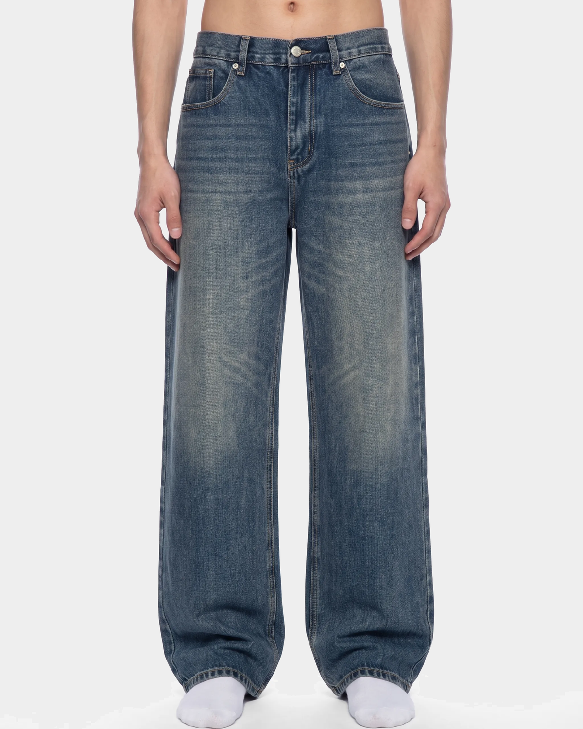 ODMPOD Thigh Fade Straight Jeans featuring a stylish faded denim design and classic straight leg fit.