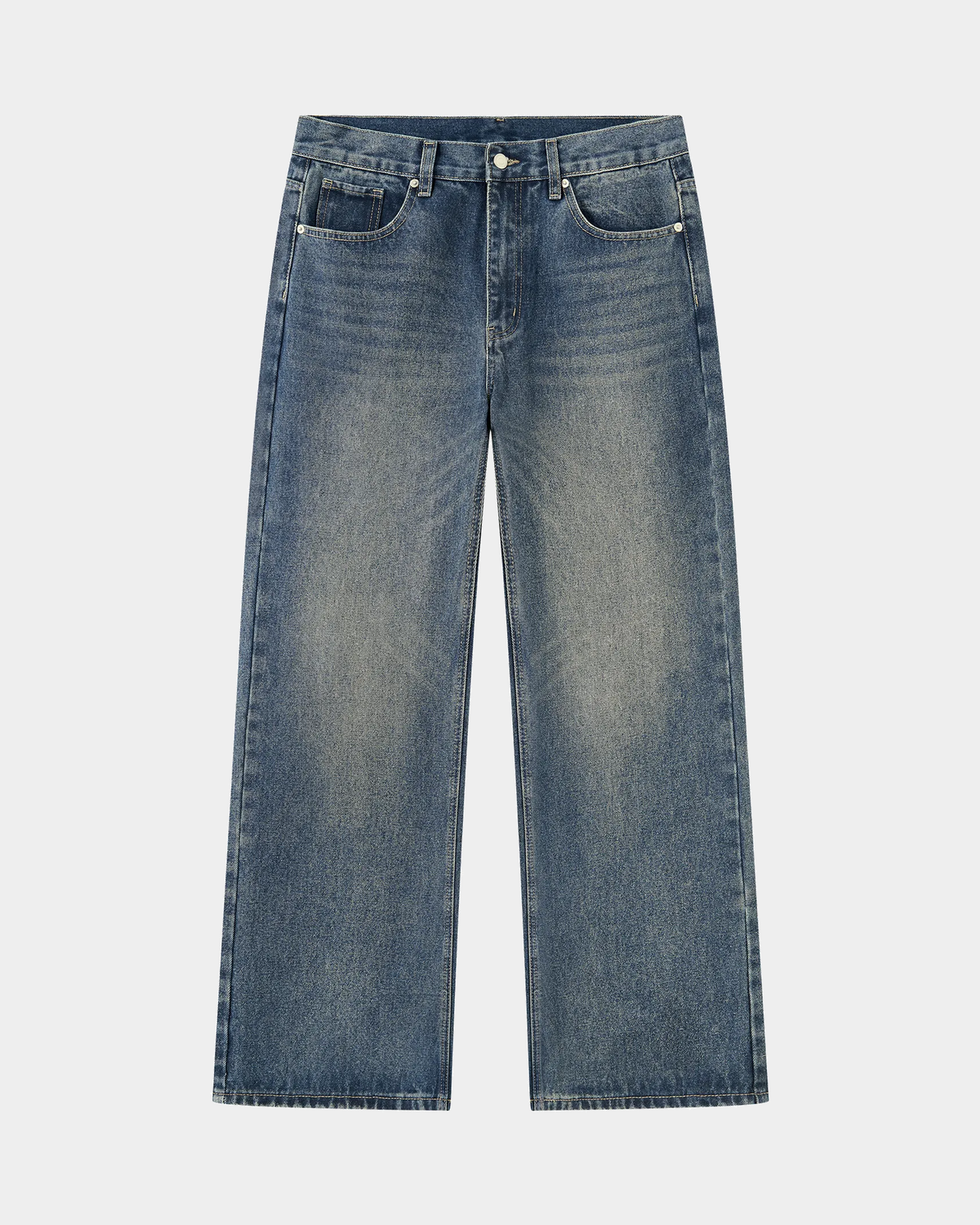 Odmpod Thigh Fade Straight Jeans showing the fitted denim design with thigh fade detail and straight leg cut.