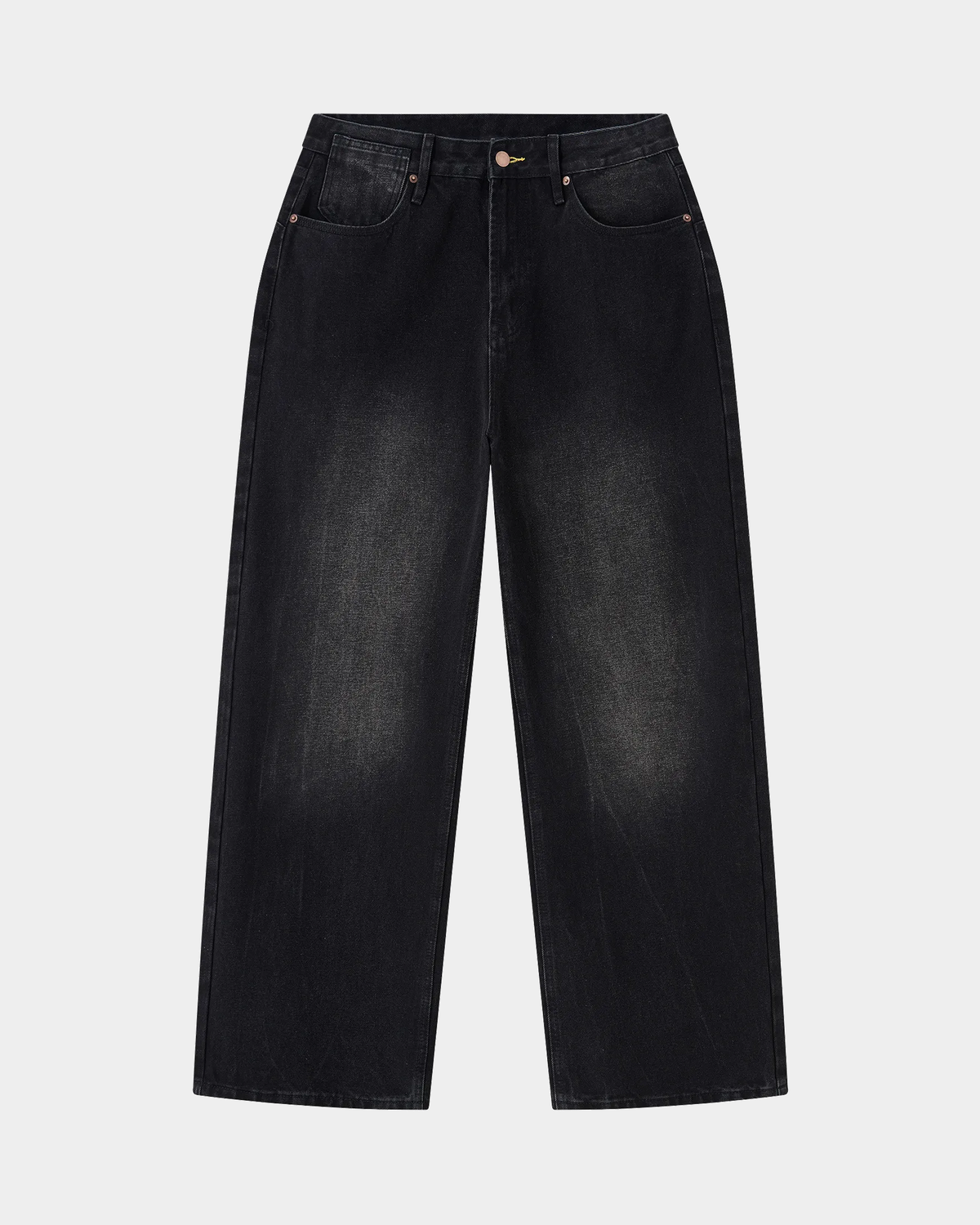 Faded black wide-leg jeans by ODMPOD featuring a relaxed fit and casual style, shown on a model in the image.