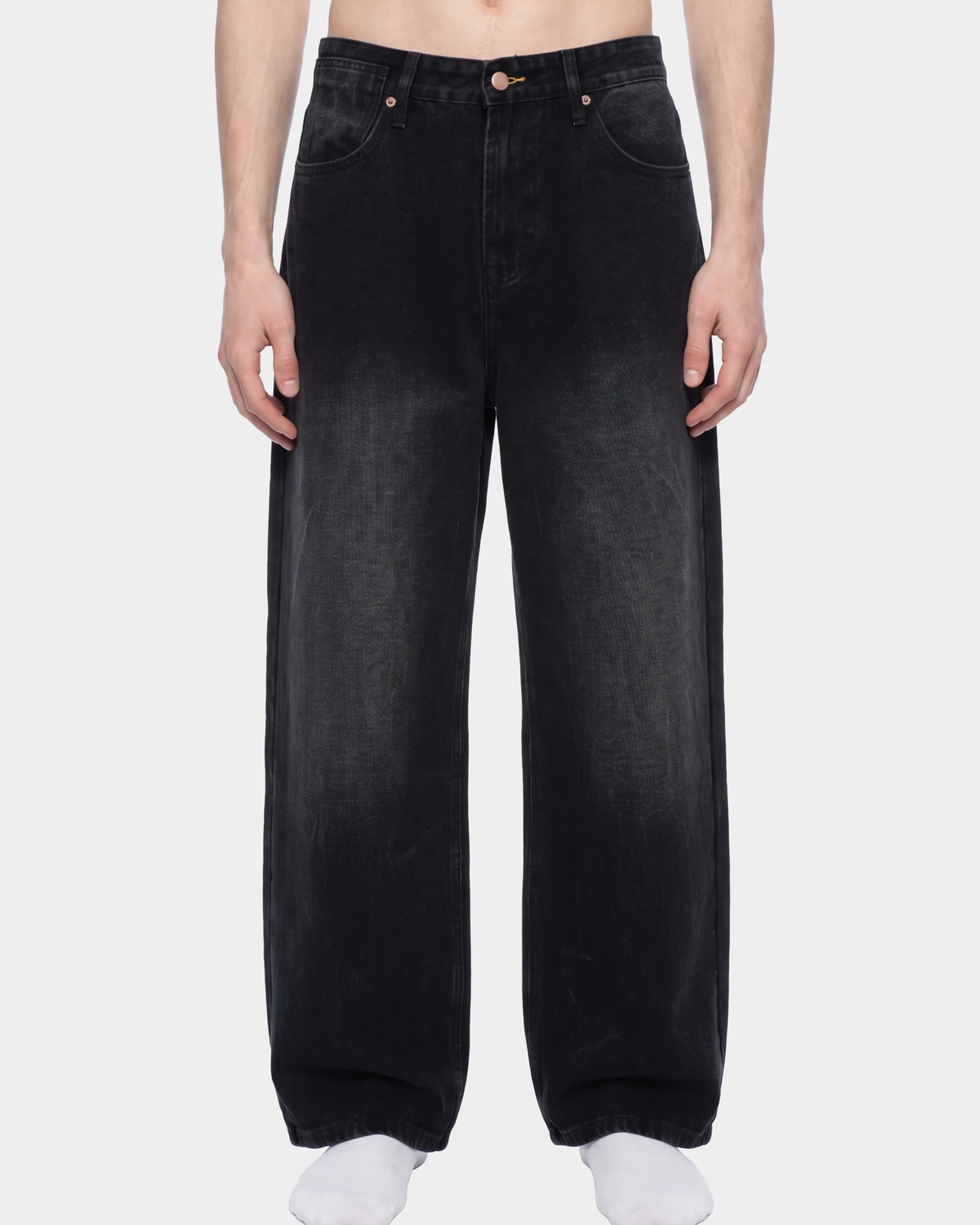 Faded black wide-leg jeans by ODMPOD featuring a relaxed fit, high waist, and casual denim style.