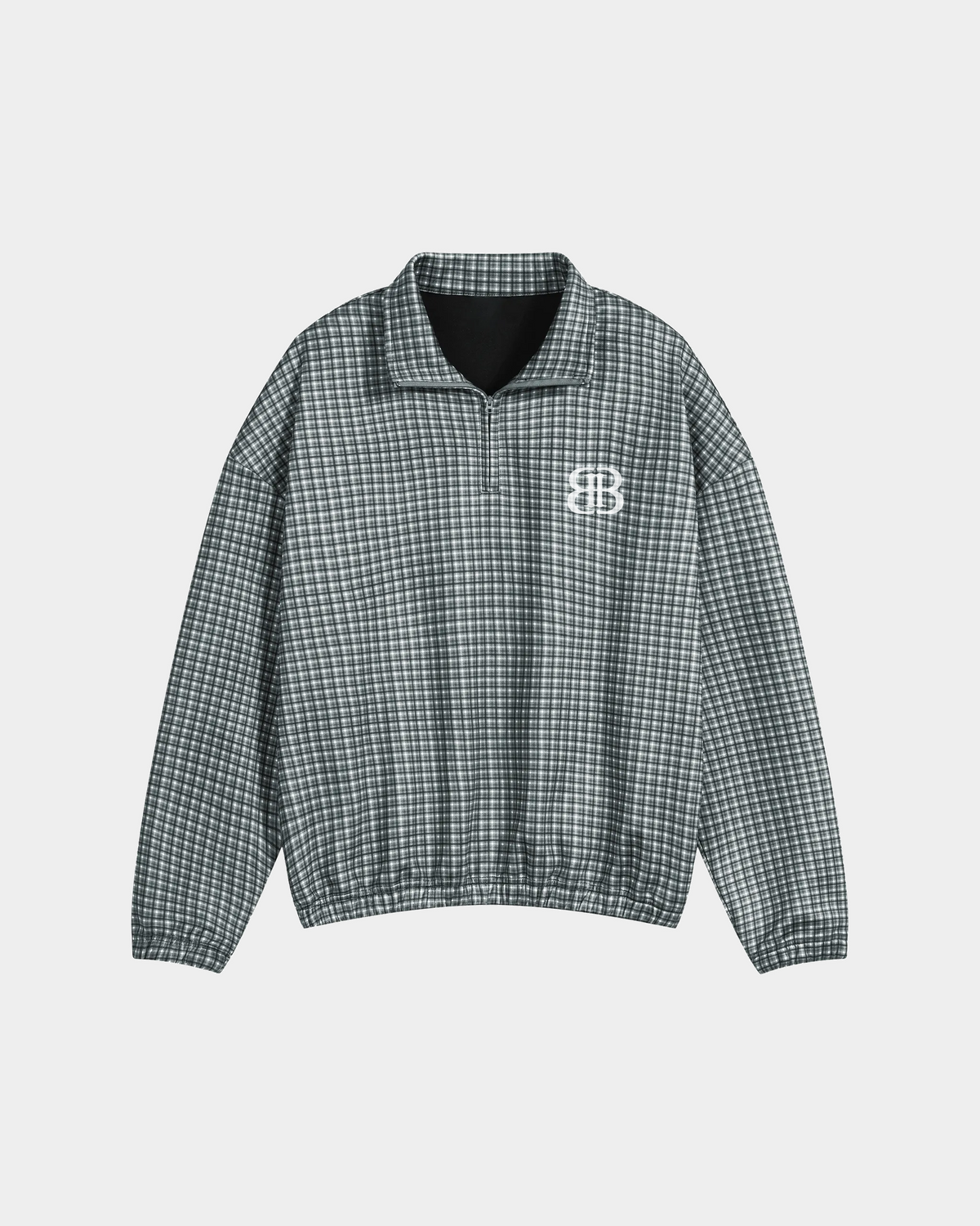 ODMPOD BB plaid blouson jacket with front button closure and long sleeves, featuring a stylish plaid pattern and tailored fit.