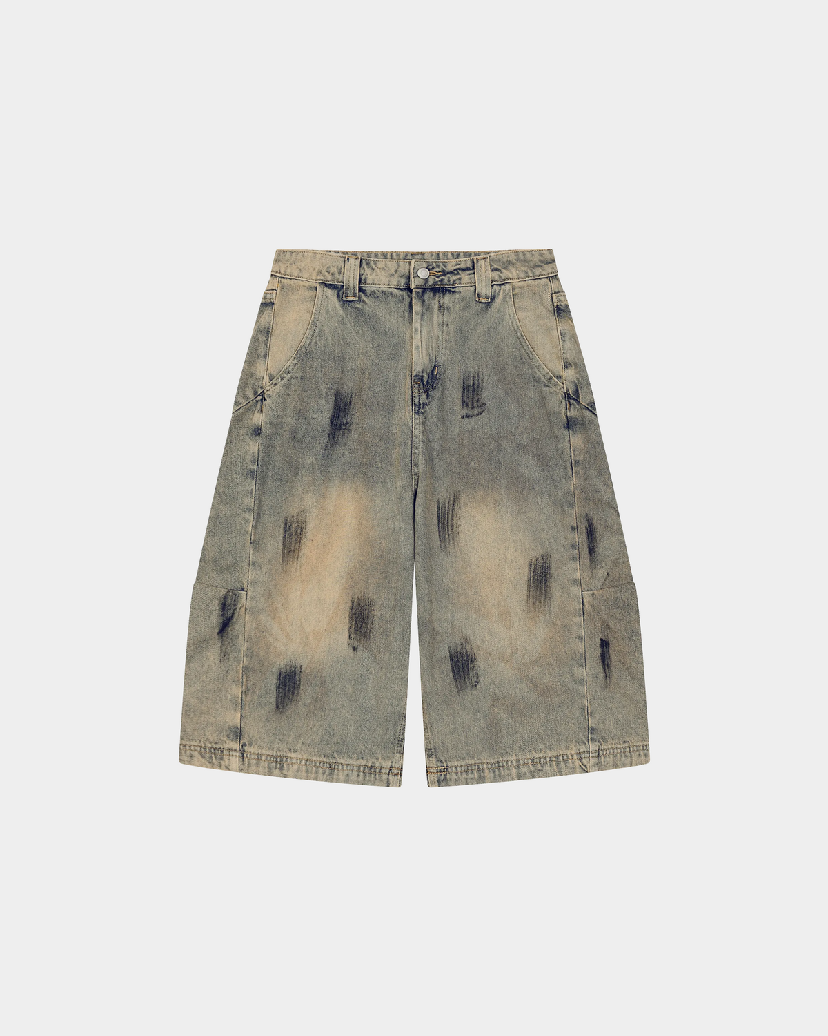 ODMPOD bleach splatter denim shorts featuring distressed design and frayed hem, casual summer denim apparel.