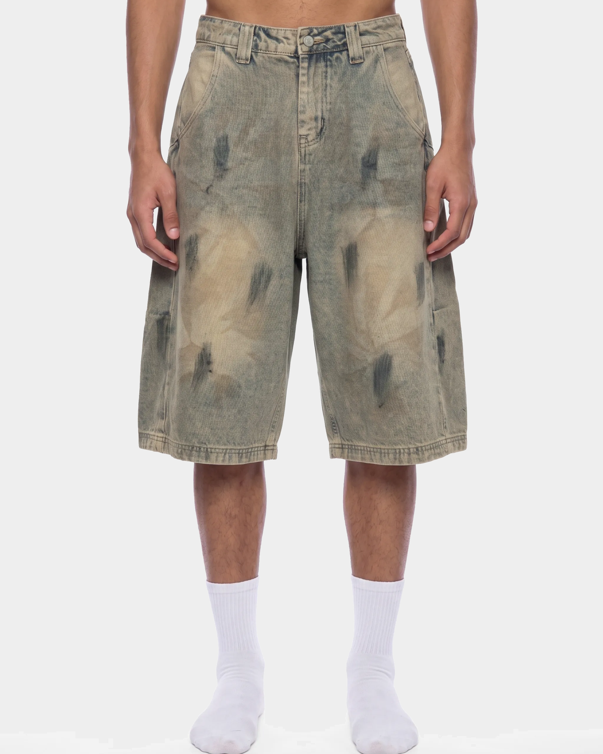 ODMPOD bleach splatter denim shorts with distressed details, casual fit, and frayed hem for a trendy summer look.