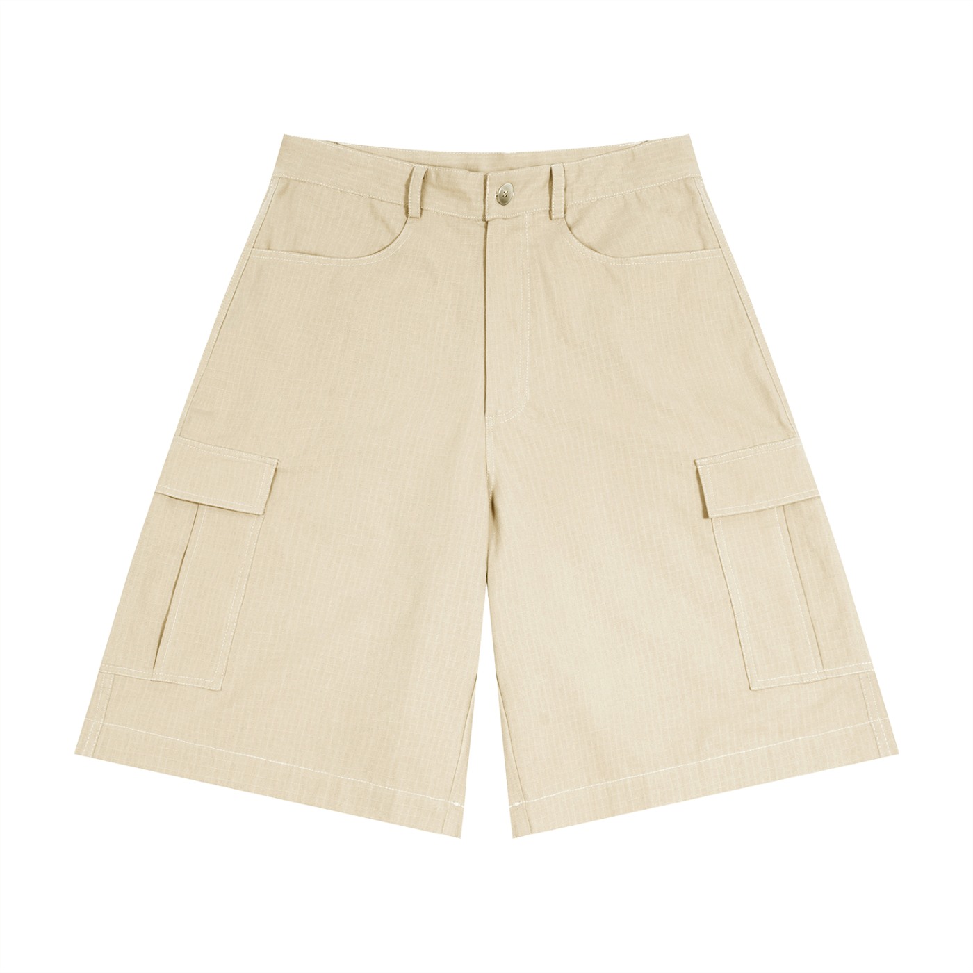 ODMPOD cotton cargo shorts in beige, featuring multiple pockets and a relaxed fit for casual wear.