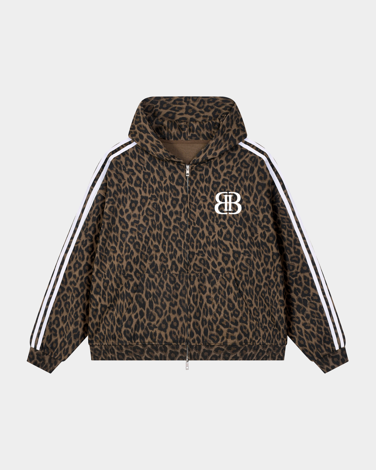ODMPOD BB Leopard Stripe Zip Hoodie featuring a bold leopard and stripe pattern, with a front zipper and hood.