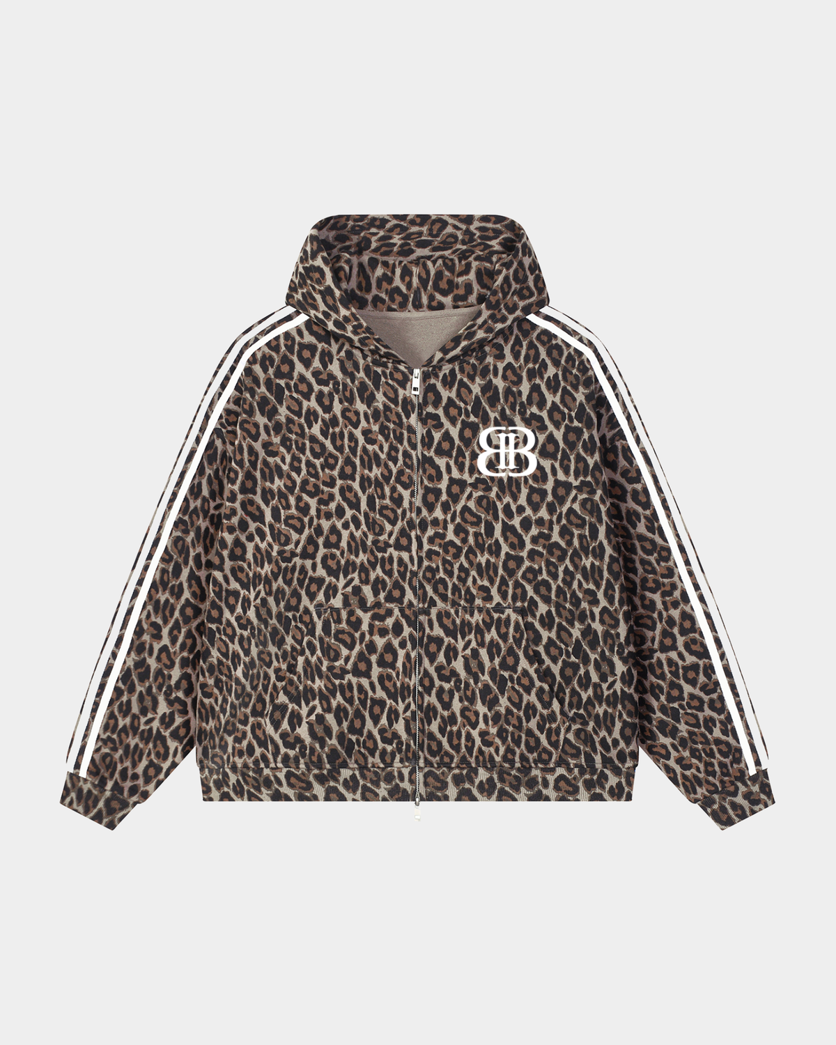 ODMPOD BB leopard stripe zip hoodie featuring a bold animal print design and front zipper closure.