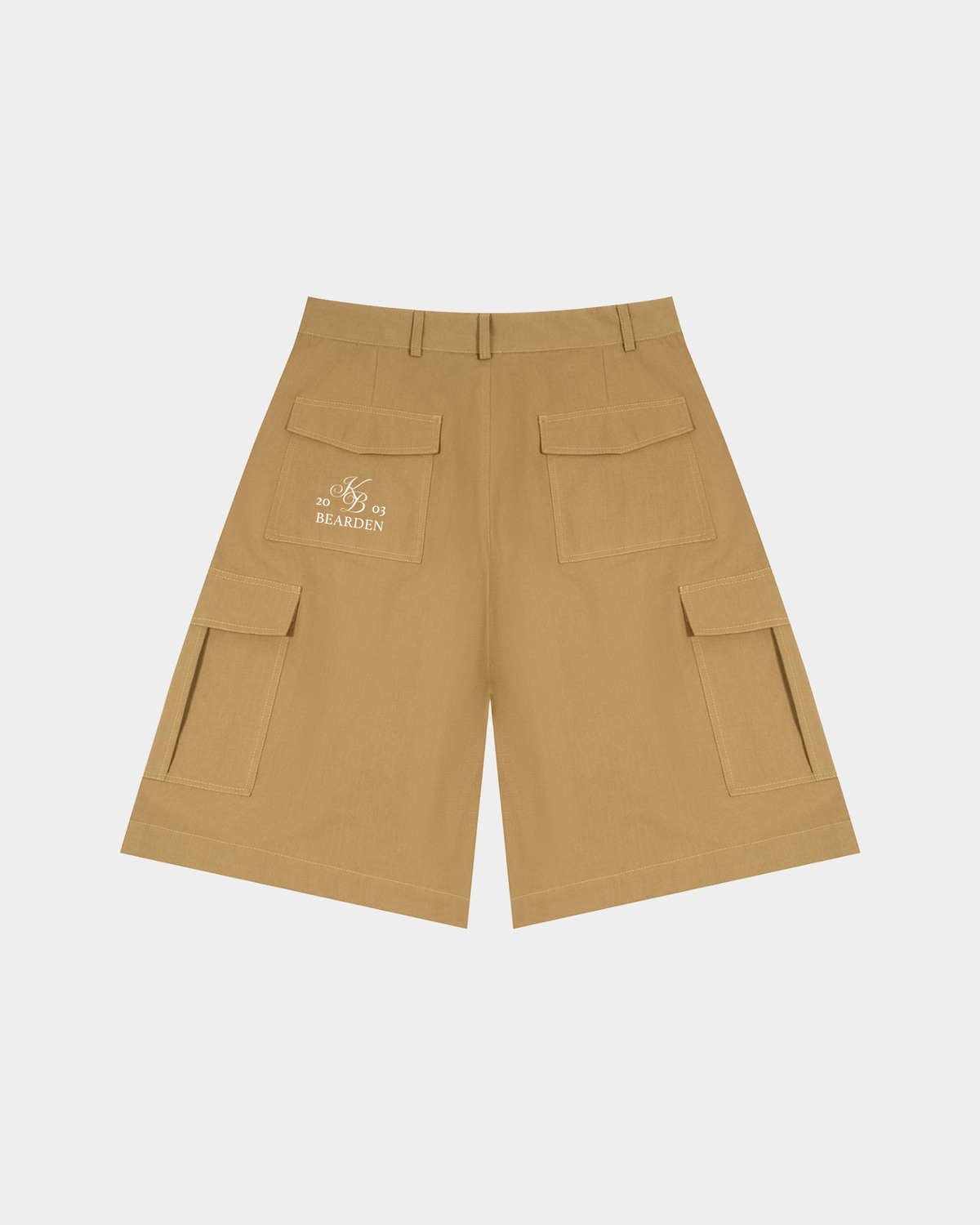 Light gray ODMPOD cotton cargo shorts with multiple pockets and a relaxed fit, displayed on a hanger.