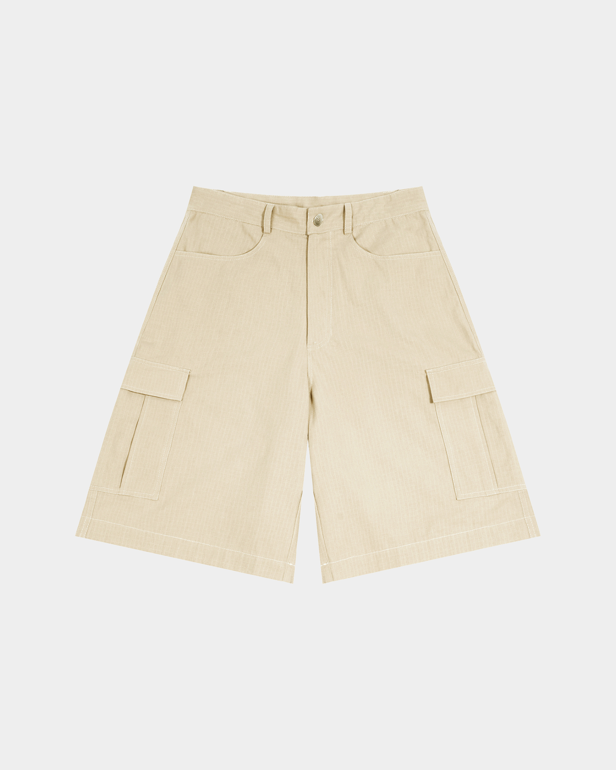 ODMPOD cotton cargo shorts in beige, featuring multiple pockets and a relaxed fit, perfect for casual summer wear.