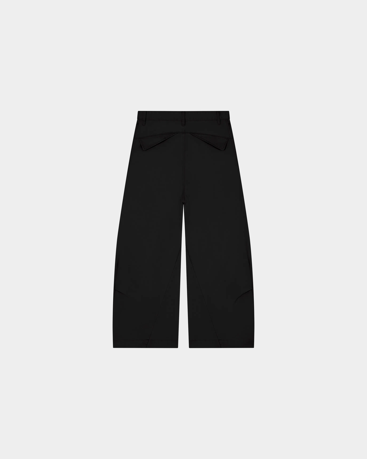 ODMPOD barrel leg trousers shown in black with a relaxed fit and tapered design, featuring side pockets and belt loops.