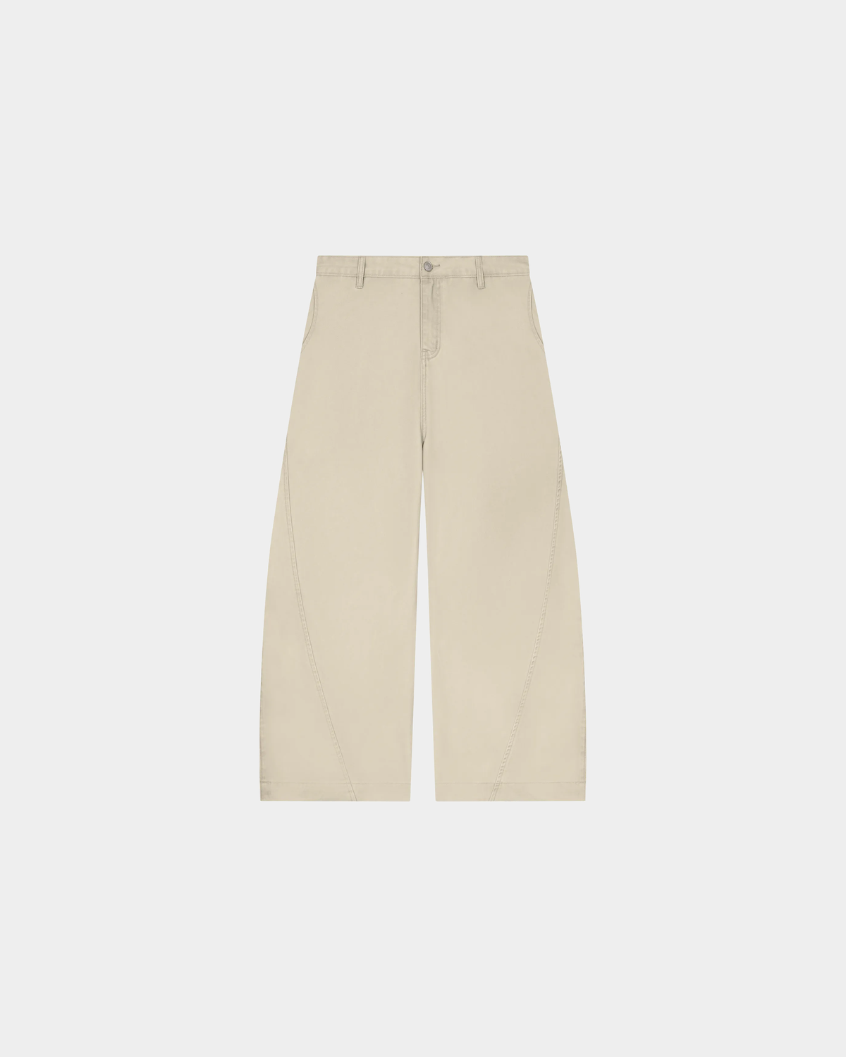 ODMPOD barrel leg trousers in neutral fabric, featuring a relaxed fit and wide leg design for a contemporary streetwear look.