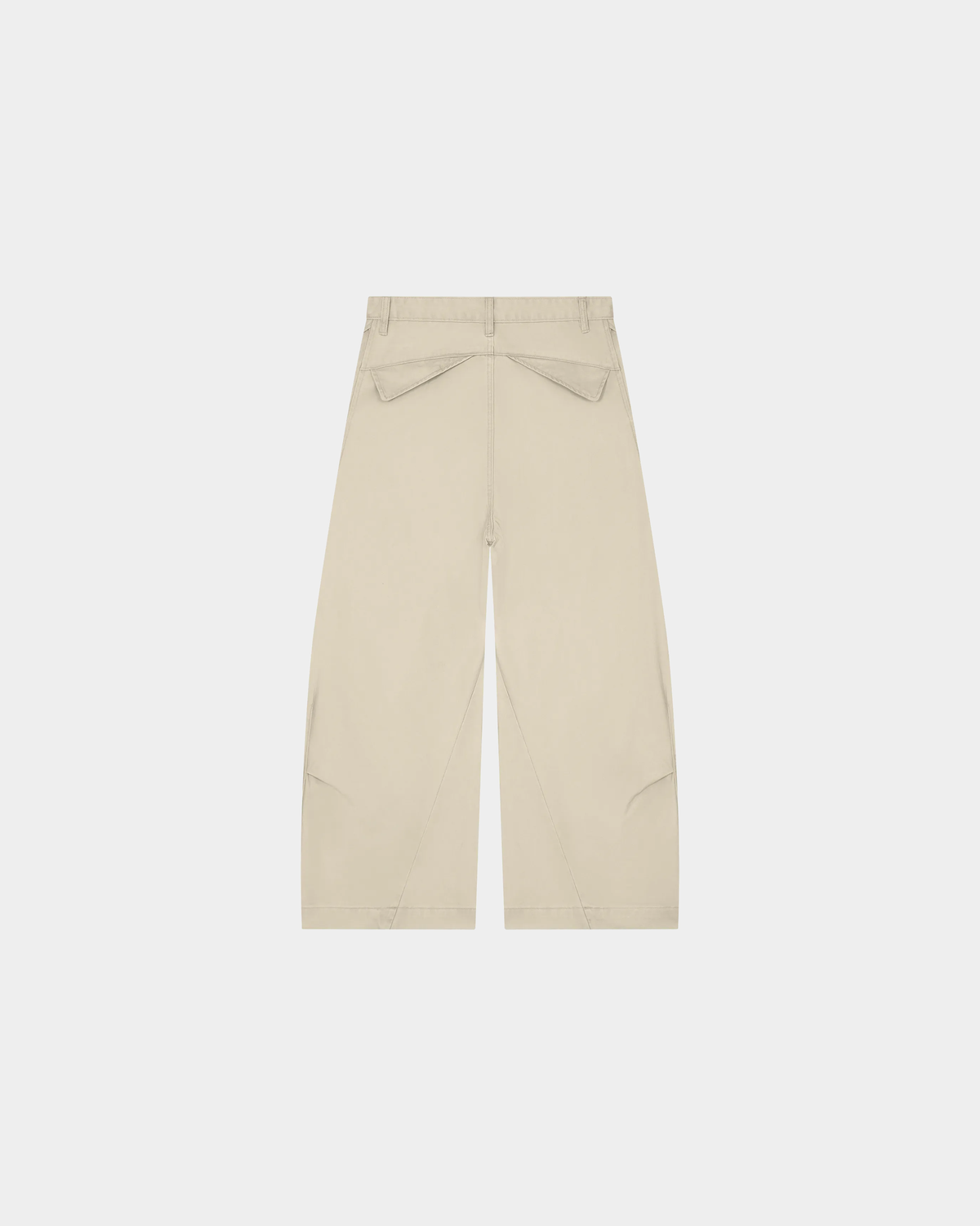 ODMPOD Barrel Leg Trousers featuring a relaxed fit and tapered design, shown in a neutral color with detailed waistband and pockets.