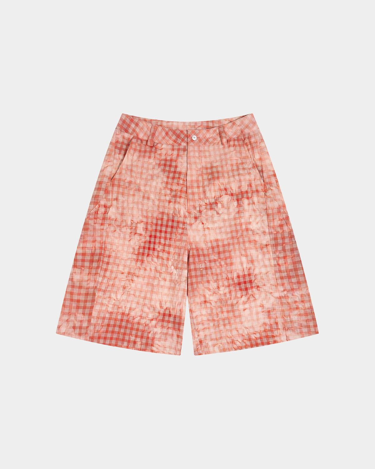 ODMPOD terracotta plaid short with a relaxed fit, featuring a checkered pattern and lightweight fabric for casual wear.