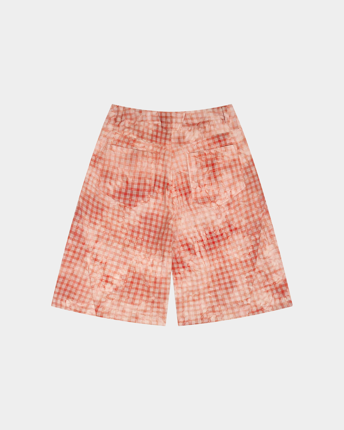 ODMPOD terracotta plaid short with a relaxed fit, featuring a classic checkered pattern and casual style.