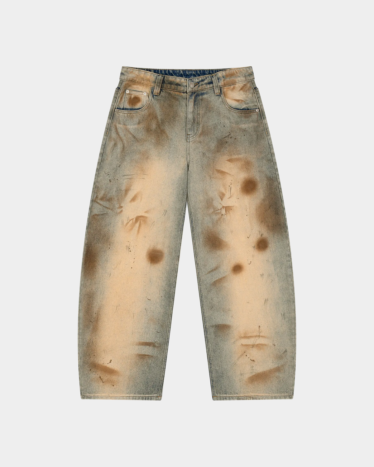 ODMPOD Sunbleach distressed barrel jeans, blue denim with faded and ripped details, styled in a relaxed fit.