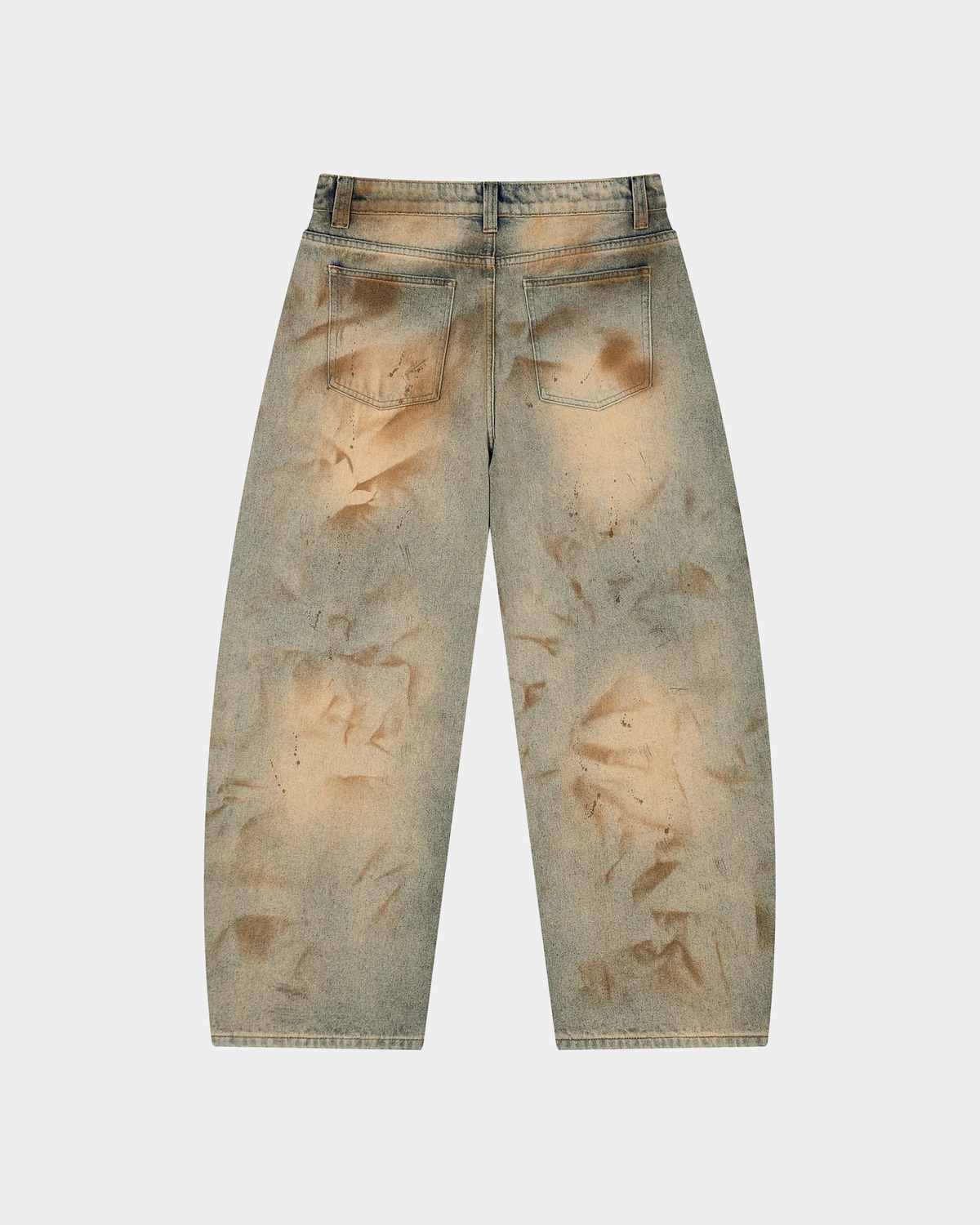 Light blue distressed barrel jeans by ODMPOD with faded details and frayed hems, showcasing a relaxed, vintage-inspired fit.