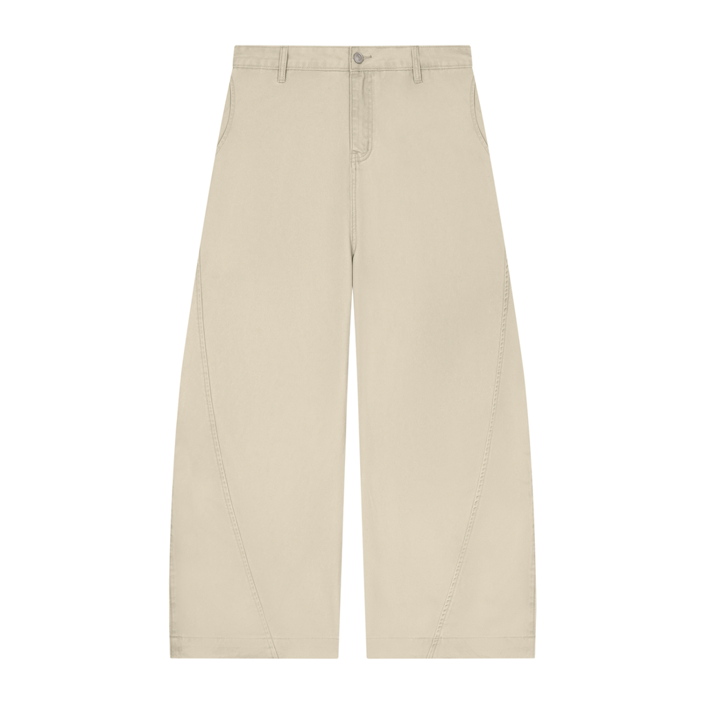 ODMPOD Barrel Leg Trousers in neutral fabric showing relaxed fit and stylish design on a flat lay.