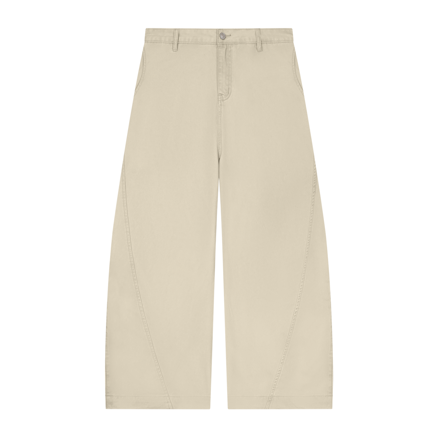 ODMPOD Barrel Leg Trousers in neutral fabric showing relaxed fit and stylish design on a flat lay.
