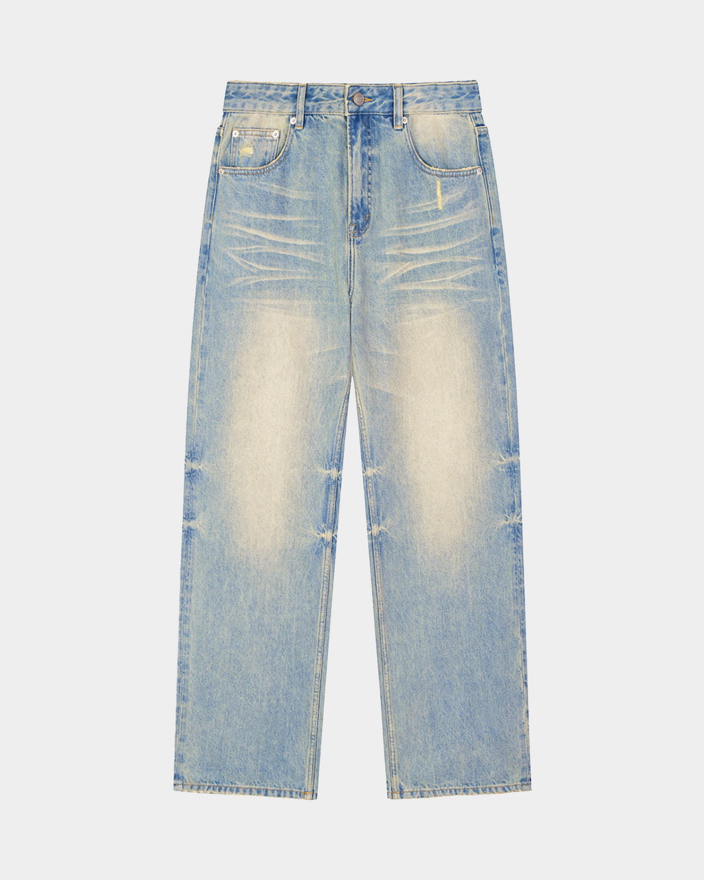 Sun-faded denim pants by Kaleb A. Bearden featuring a relaxed fit and distressed details, shown hanging on a wooden hanger.