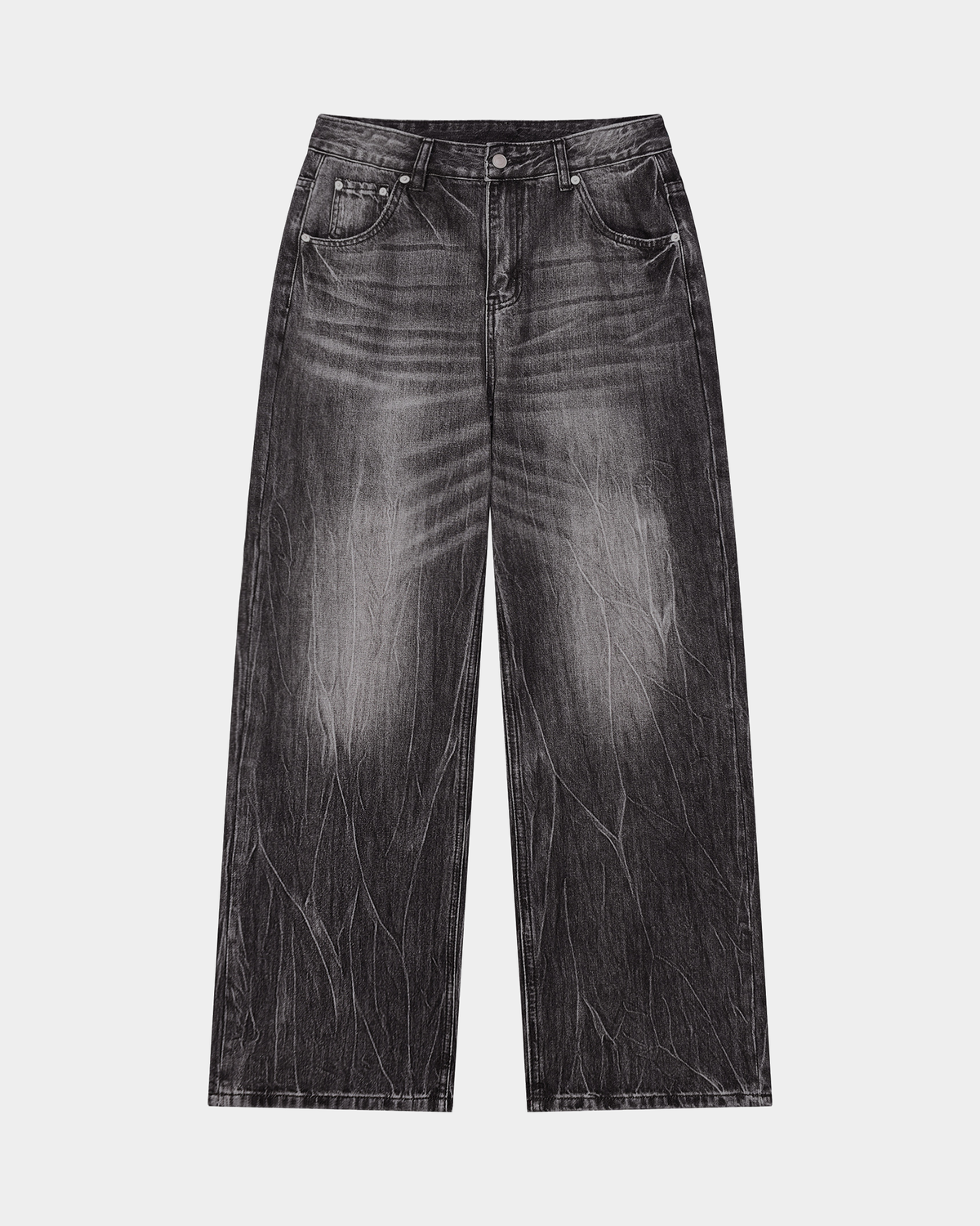 ODMPOD streaked wide leg jeans showing distressed denim fabric and relaxed fit with a high waist design.