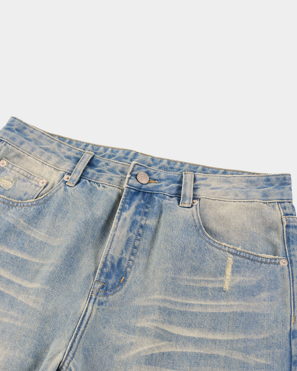 Lightly sun-faded denim pants by Kaleb A. Bearden featuring a relaxed fit and classic five-pocket design.