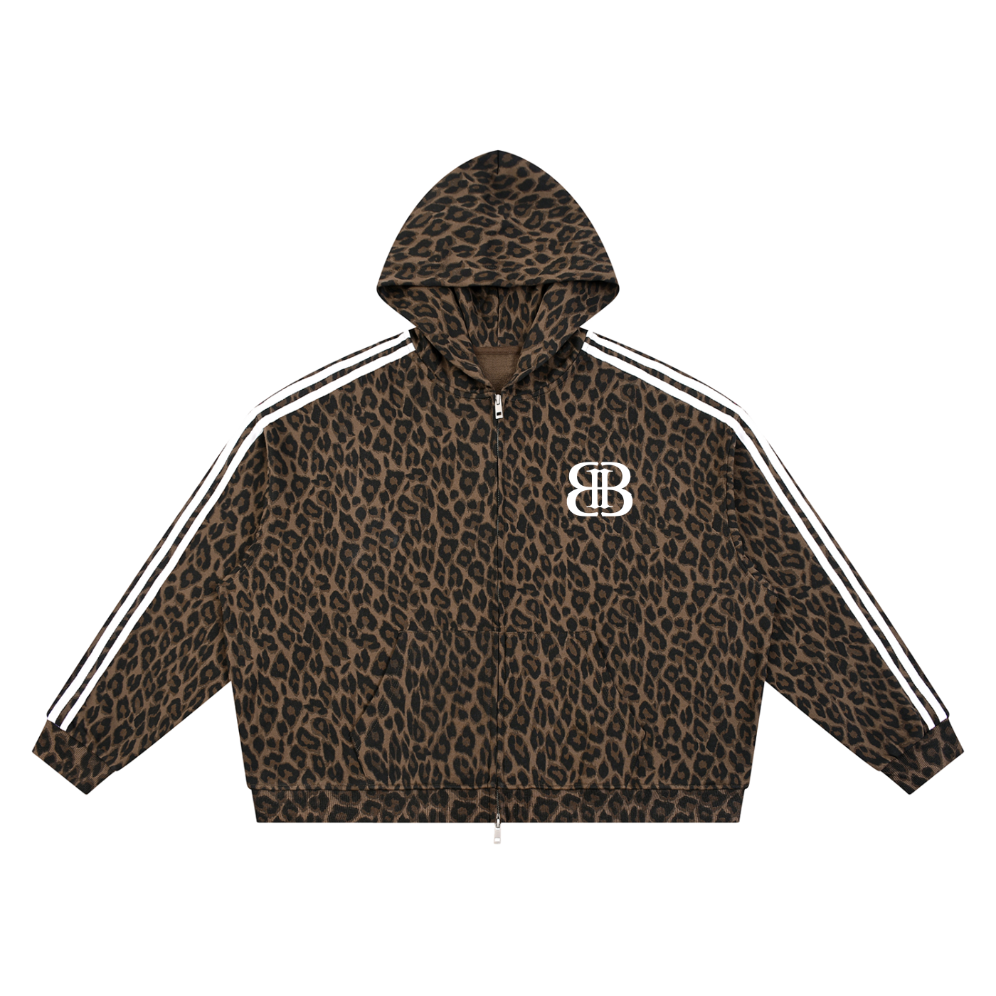 ODMPOD BB Leopard Stripe Zip Hoodie featuring bold leopard print and striped design, with a front zipper and hood.