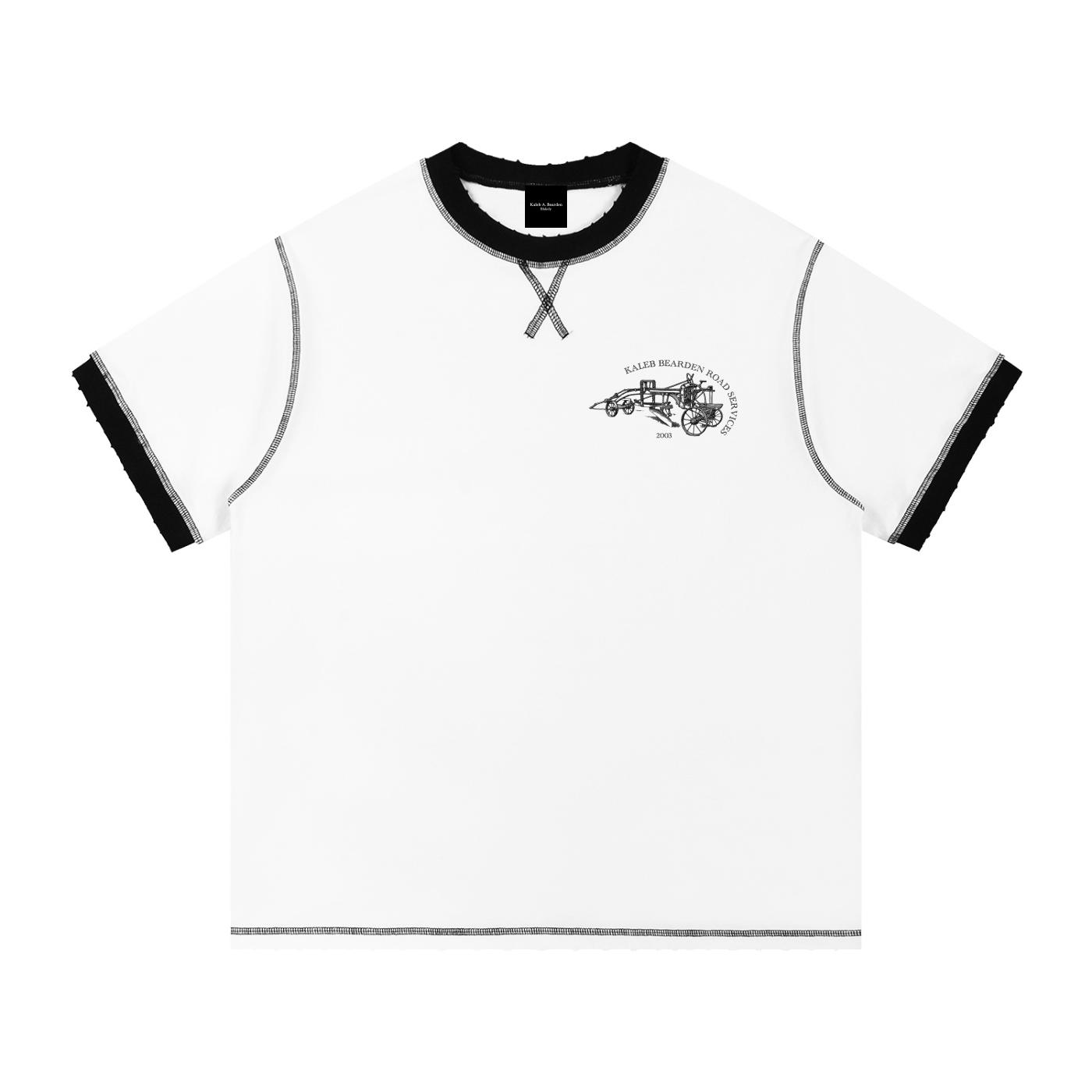 Contrast-stitched white cotton T-shirt by ODMPOD with crew neck and stylish stitching detail.