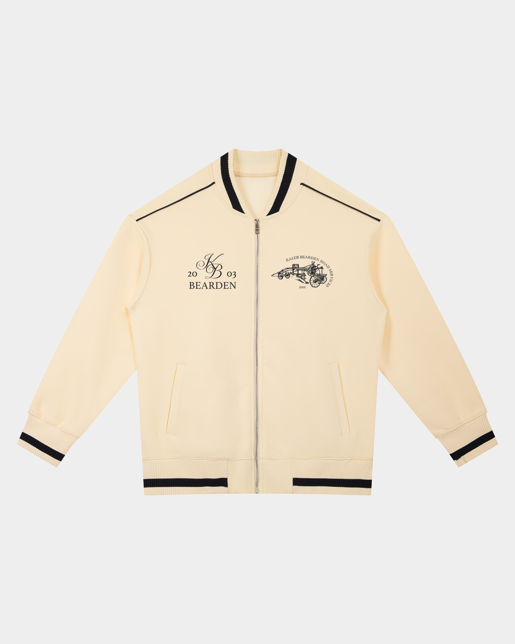 Kaleb A. Bearden Monogram Zip Bomber Jacket with front zipper, ribbed cuffs, and monogram design on a stylish casual jacket.