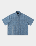Kaleb A. Bearden washed denim panel shirt featuring a casual button-up design with contrasting denim panels and long sleeves.