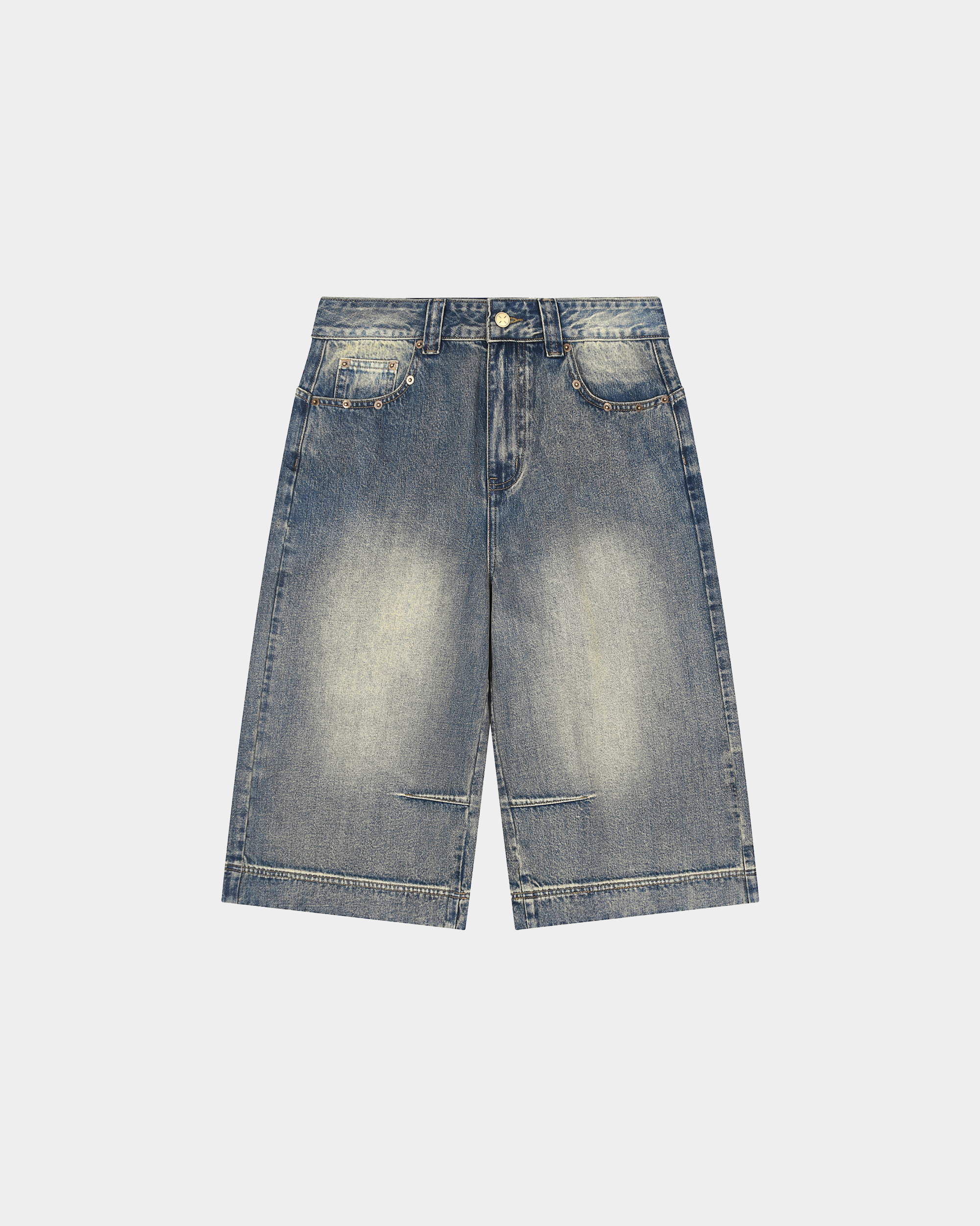 KAB Washed Denim Shorts by Kaleb A. Bearden, featuring distressed denim with a casual fit and rolled cuffs.