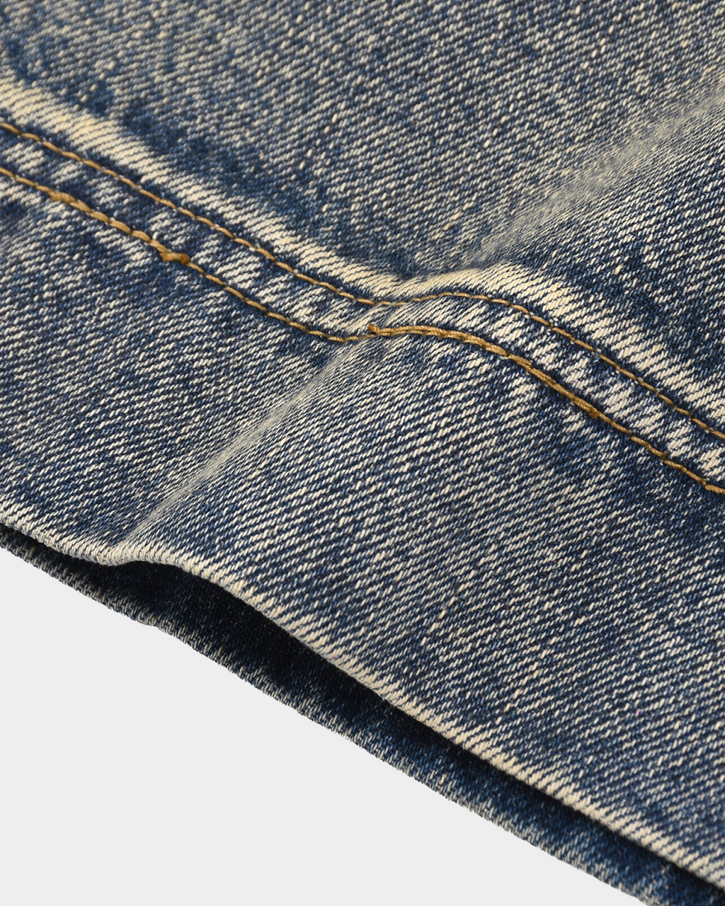 Kaleb A. Bearden washed denim shorts with distressed details, classic five-pocket style, and frayed hem for casual summer wear.