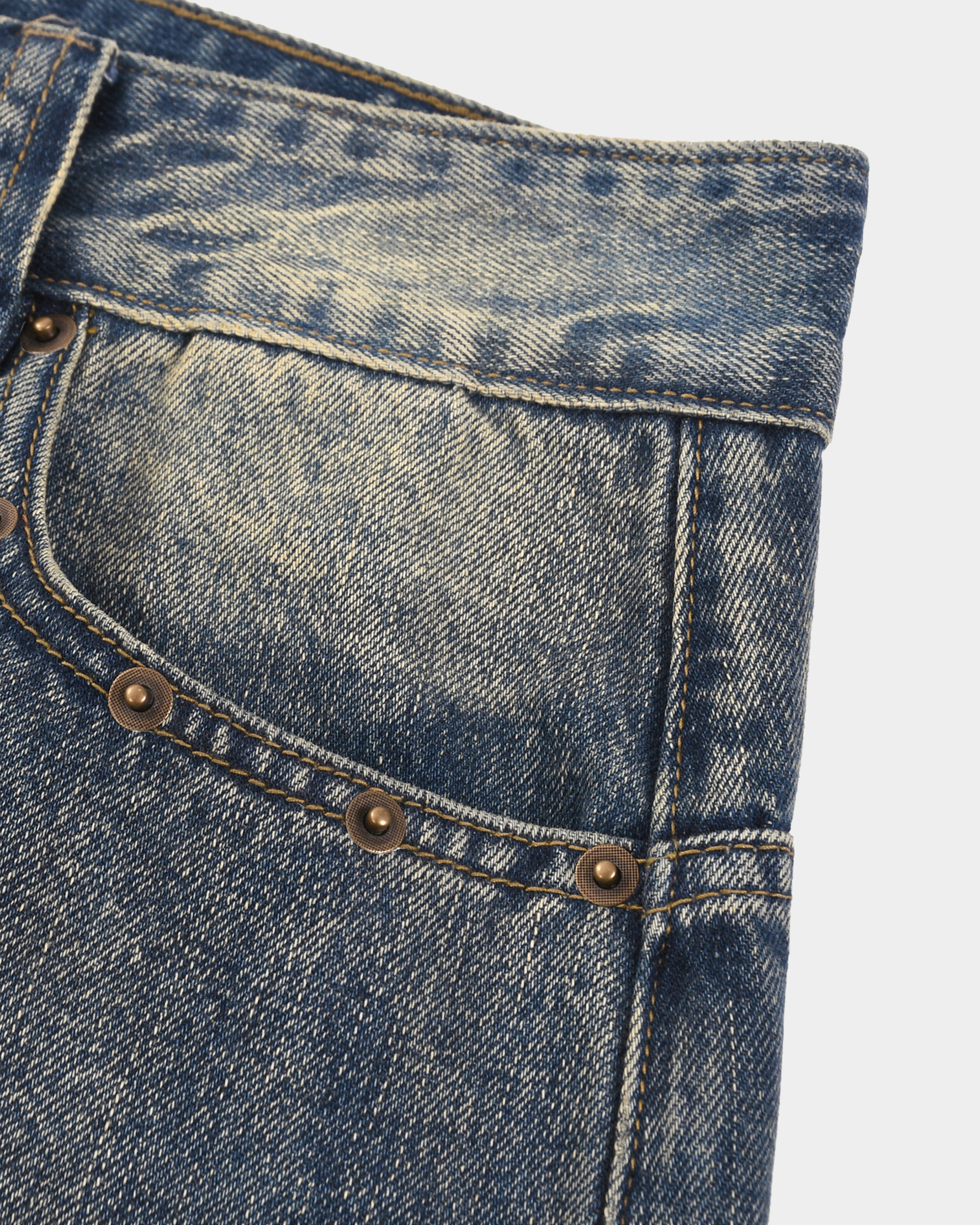 Kaleb A. Bearden KAB washed denim shorts with distressed details and rolled hems, casual summer style for men.