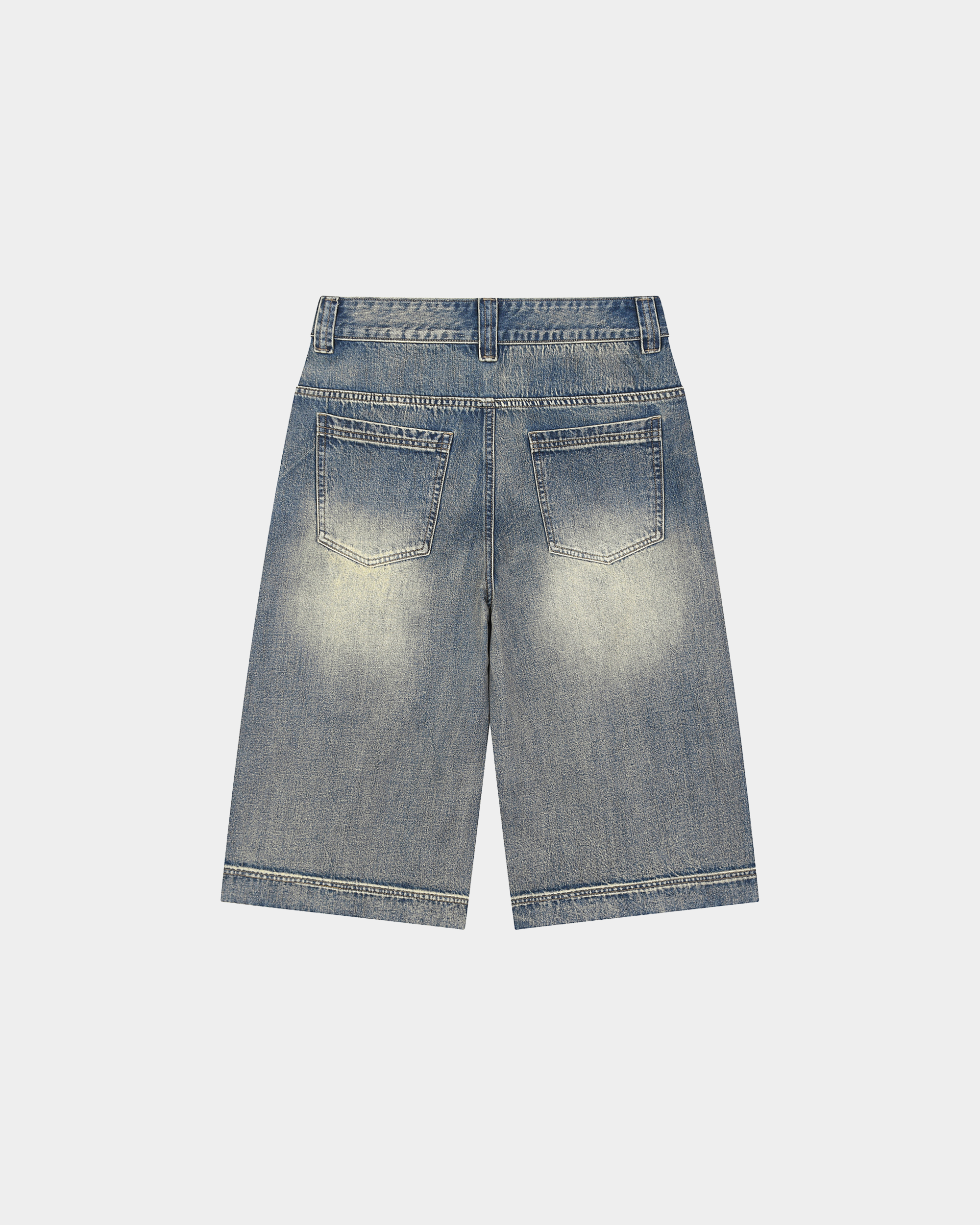 Kaleb A. Bearden washed denim shorts featuring a casual fit and distressed details, perfect for summer casual wear.