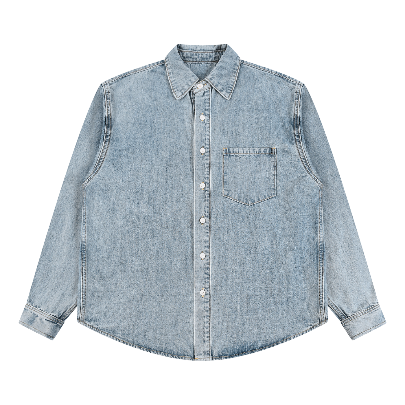 Unisex vintage wash denim shirt from ODMPOD, featuring a classic fit with button-up front and distressed denim texture.