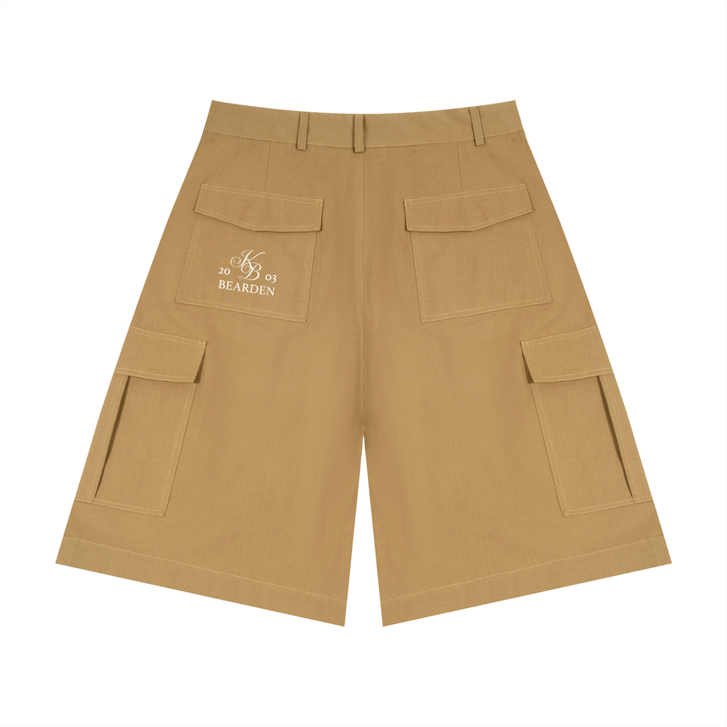 Odmpod cotton cargo shorts with multiple pockets, beige color, and relaxed fit, displayed on a hanger.